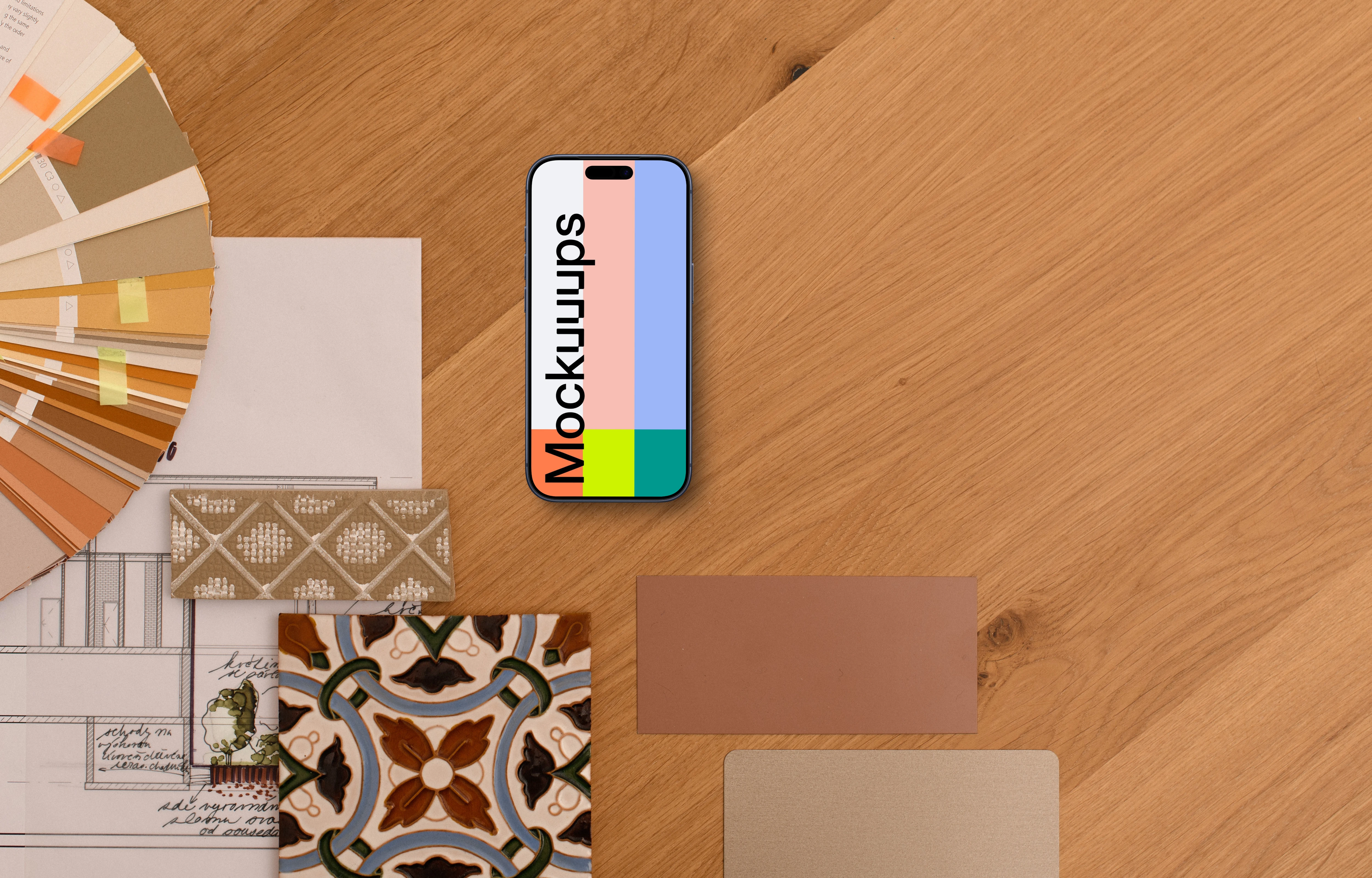 Smartphone mockup with architectural plans and samples