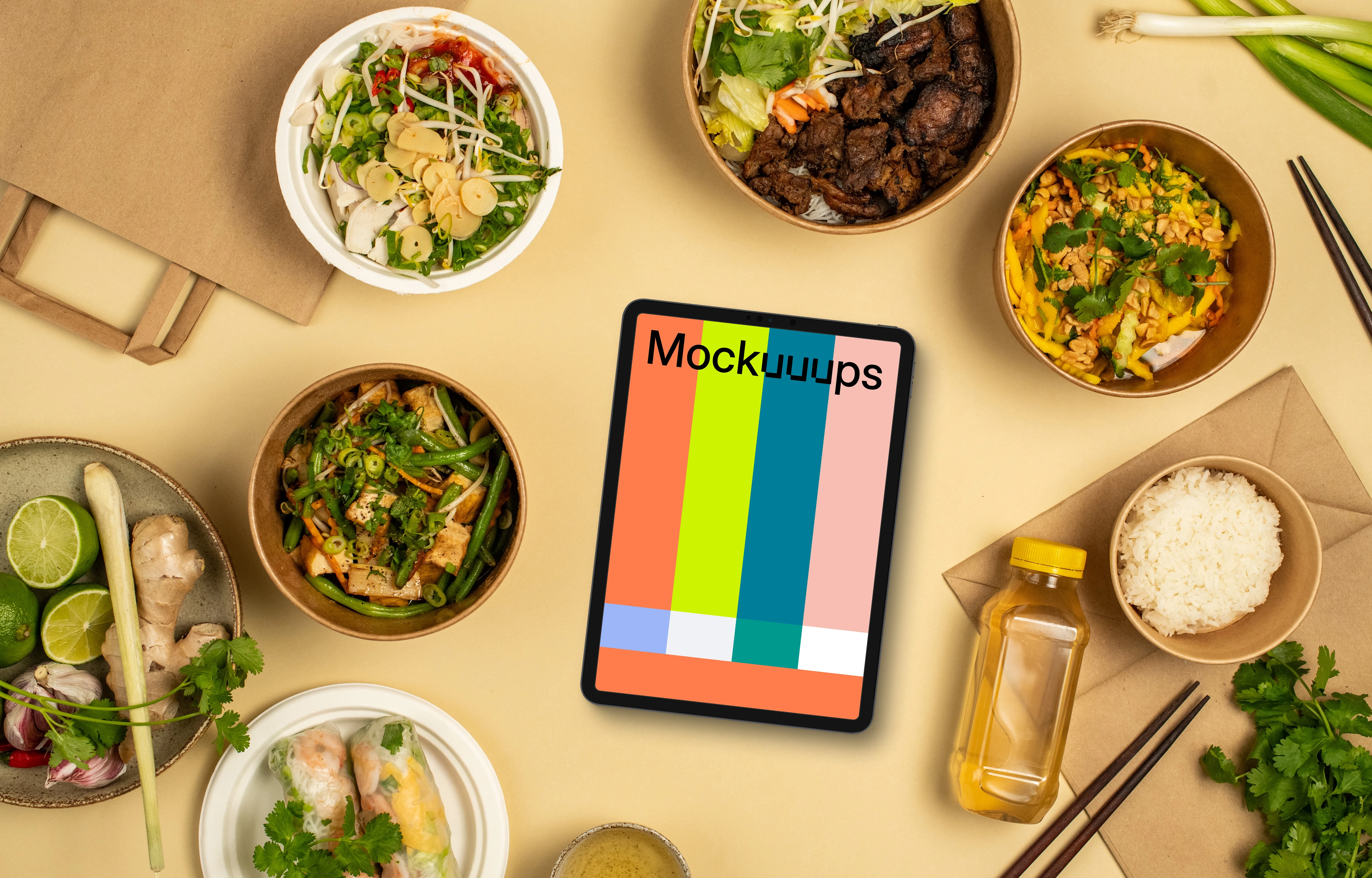 Tablet mockup surrounded by vietnamese food 