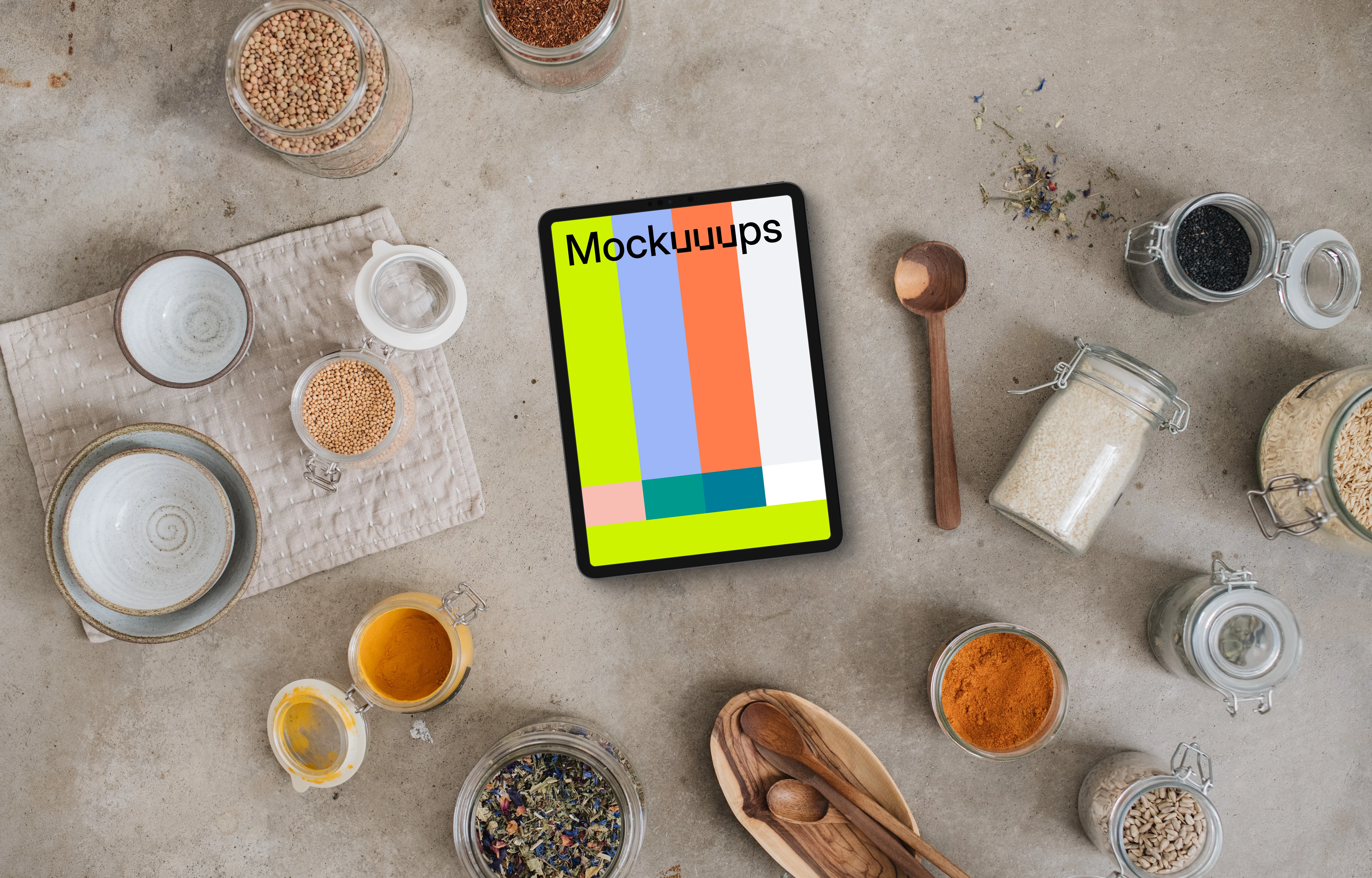 Tablet mockup with a cooking equipment on the side
