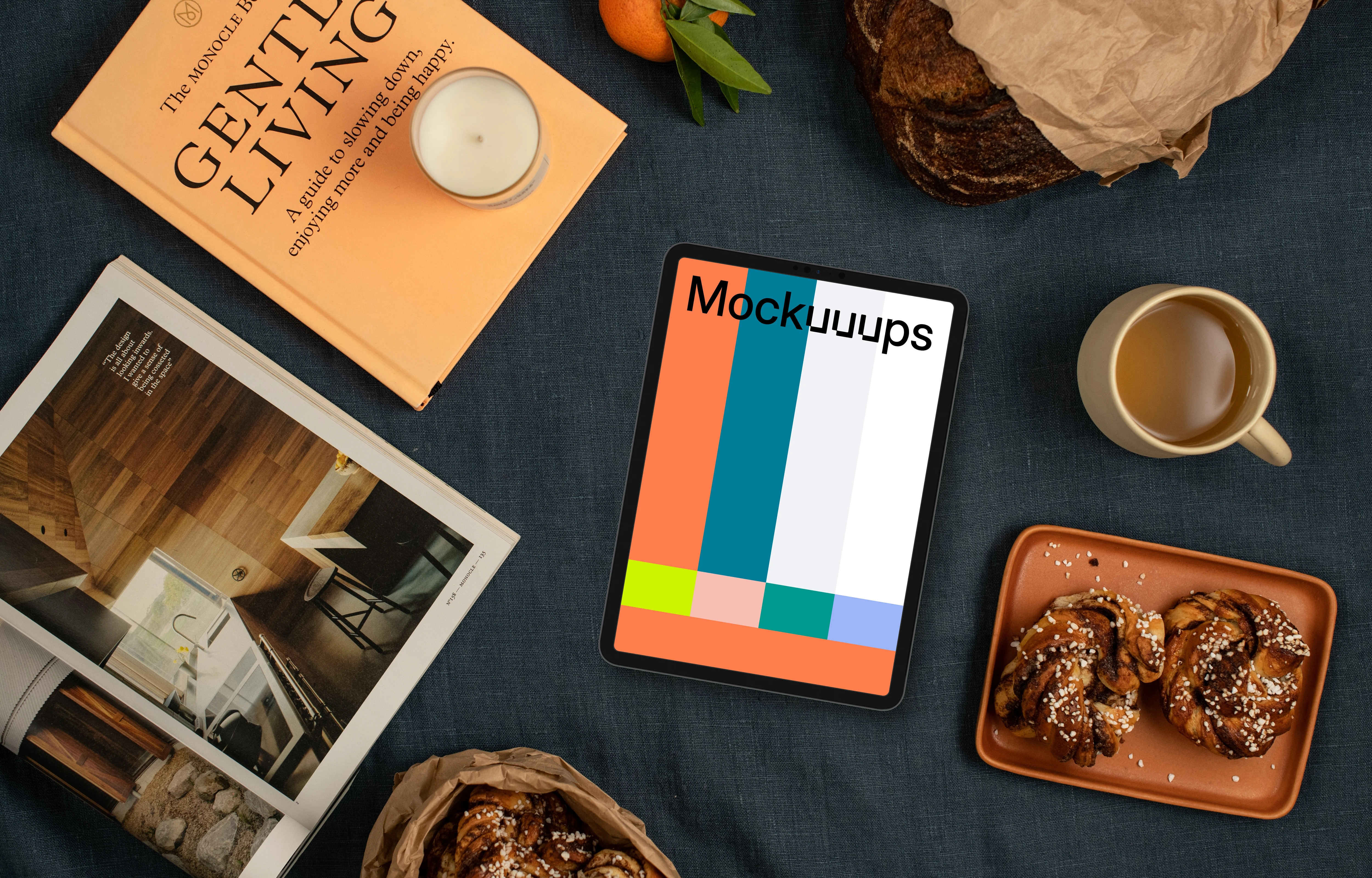 Tablet mockup with decorations and pastries