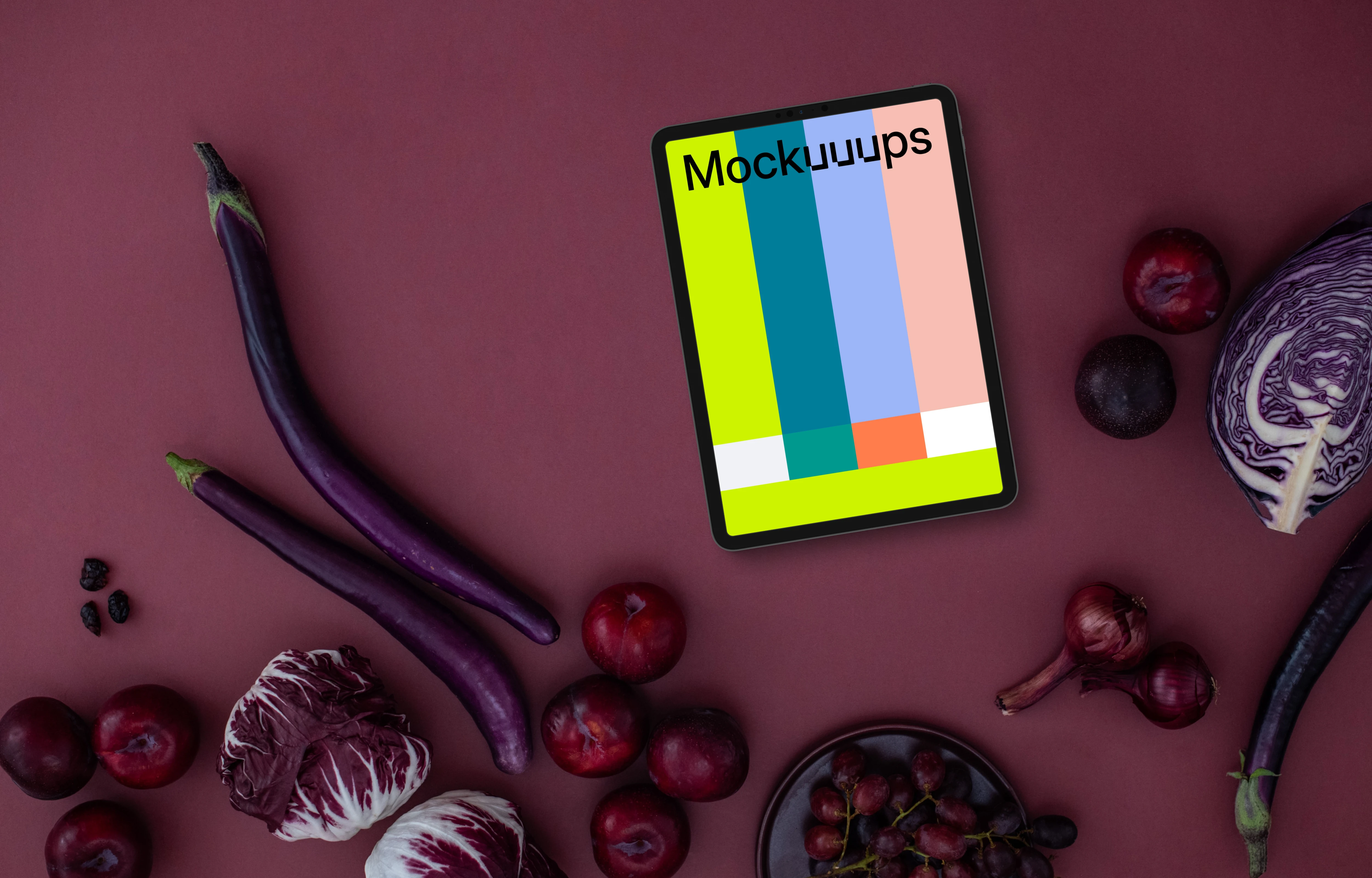 Tablet mockup with food in Viva Magenta color shade
