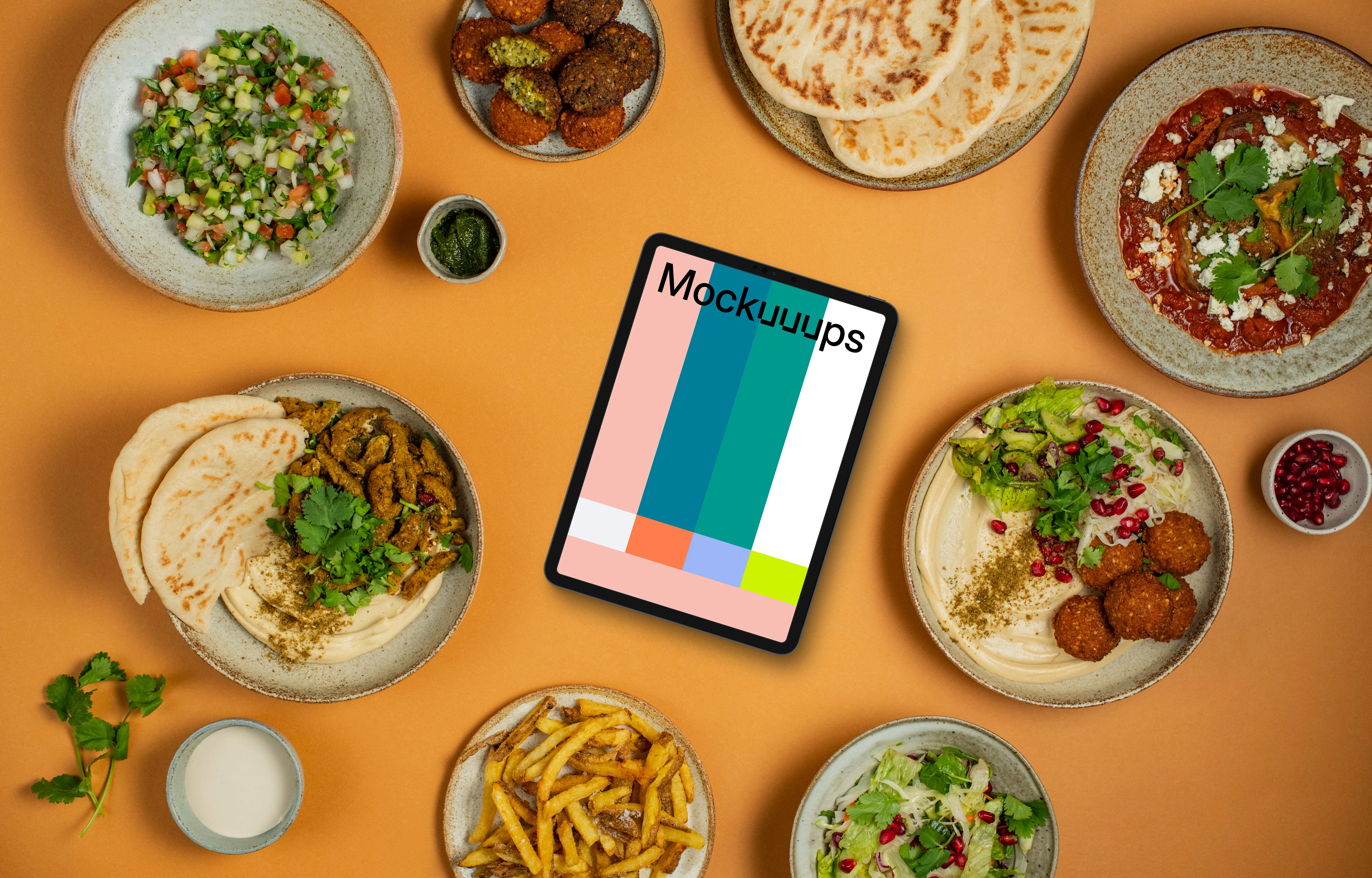 Tablet mockup with Middle Eastern food