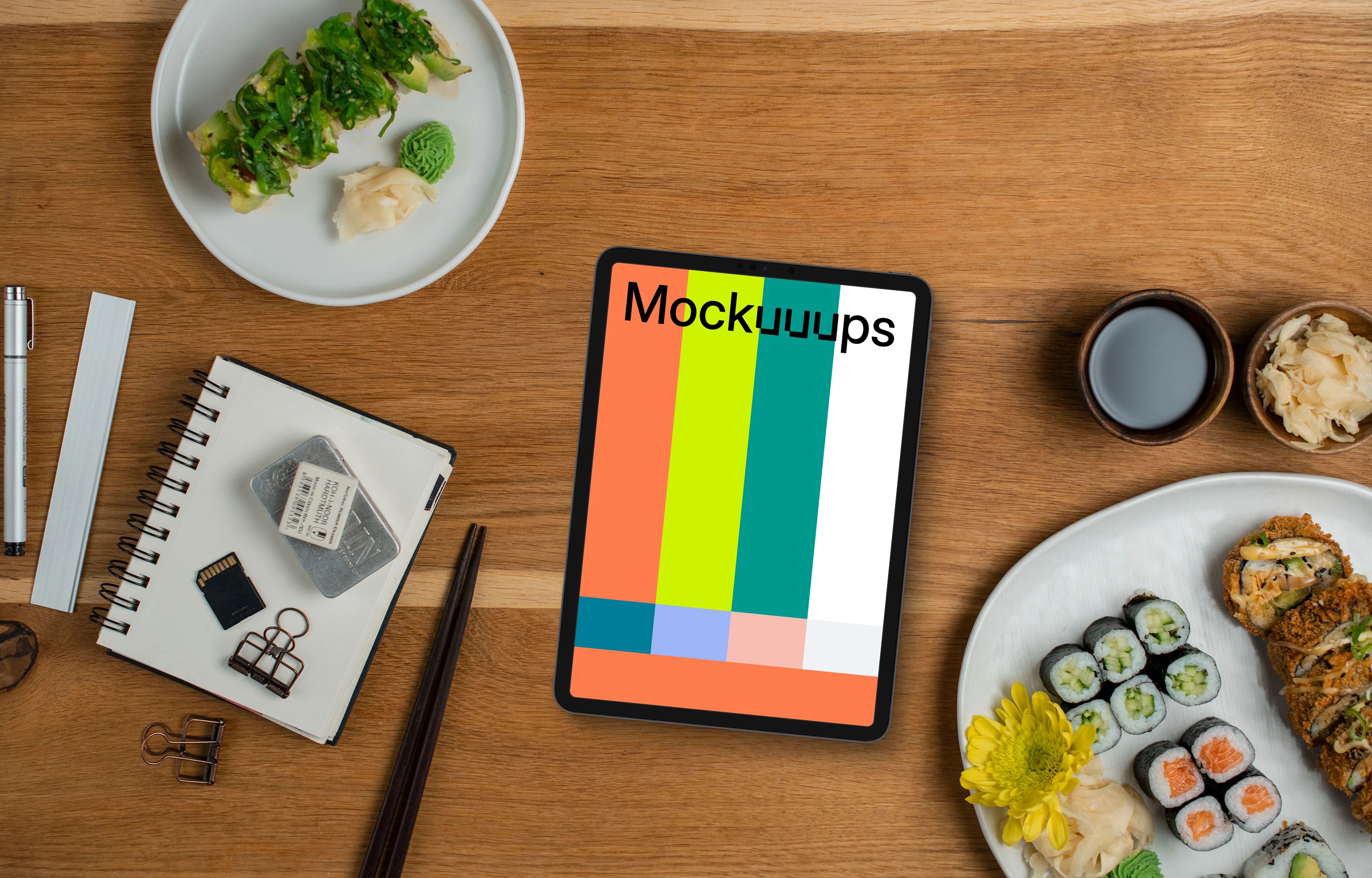 Tablet mockup with sushi