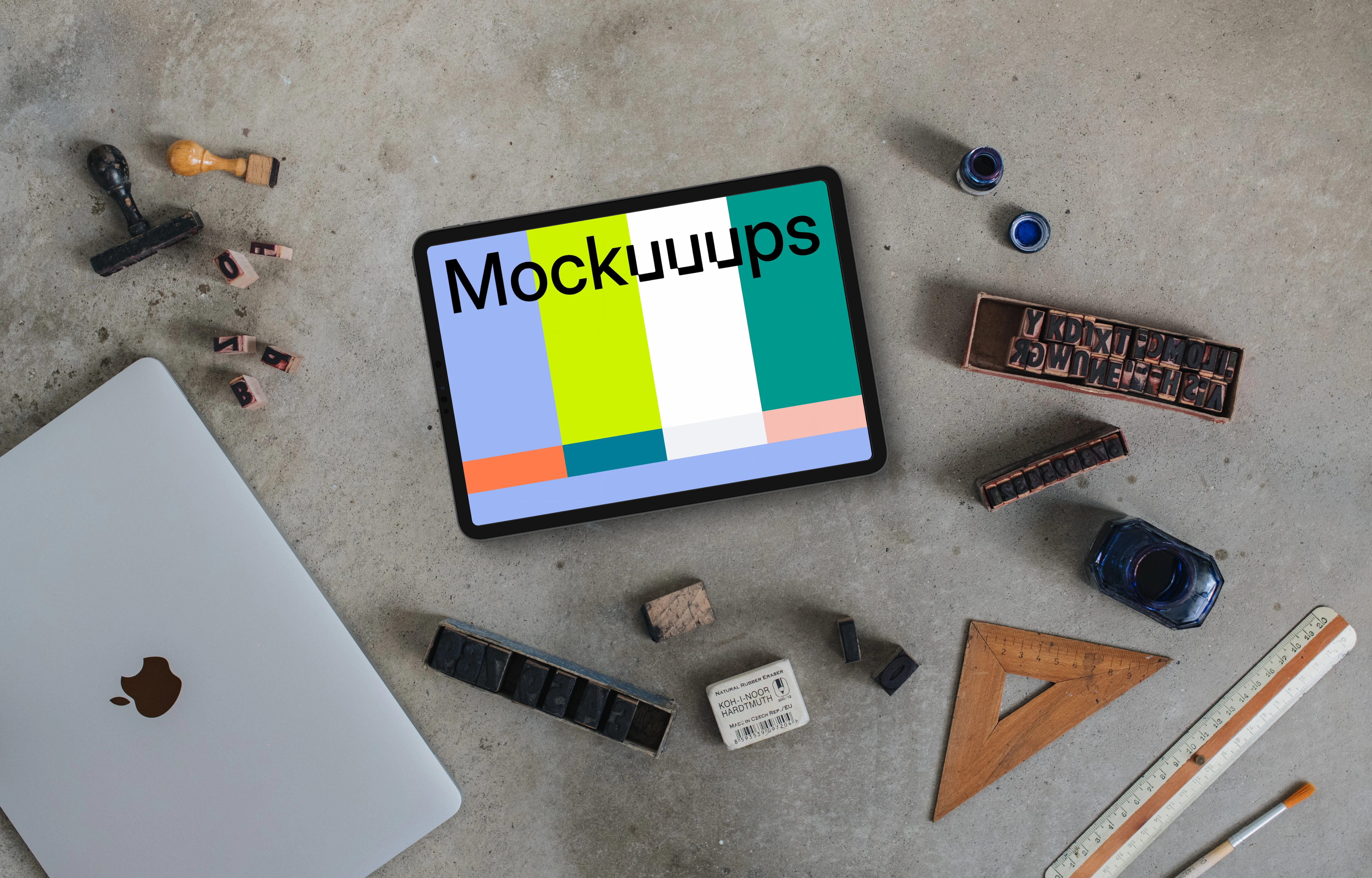 Top view of landscape tablet mockup in the artist atelier