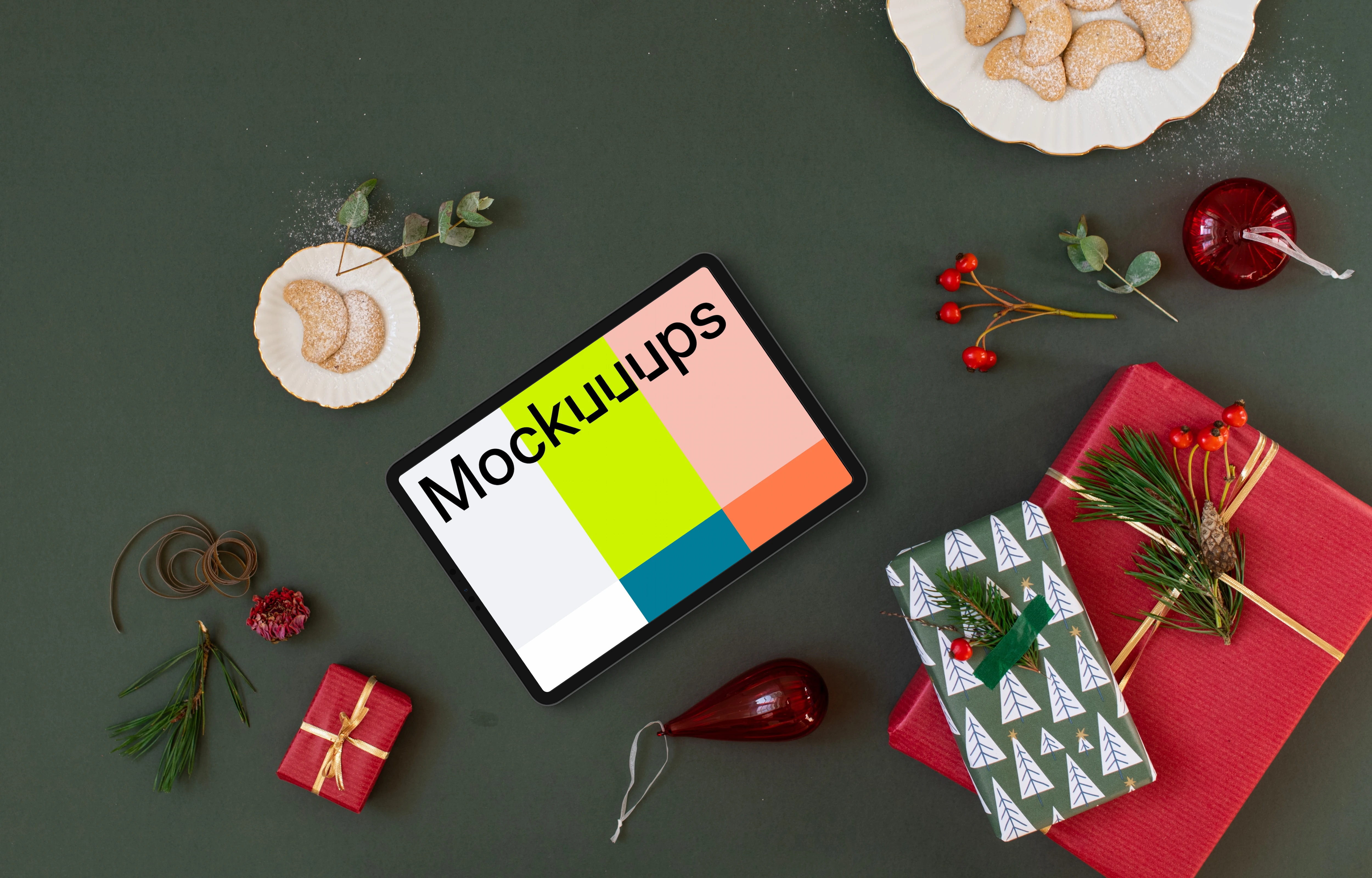 Top view of landscape tablet mockup with christmas background