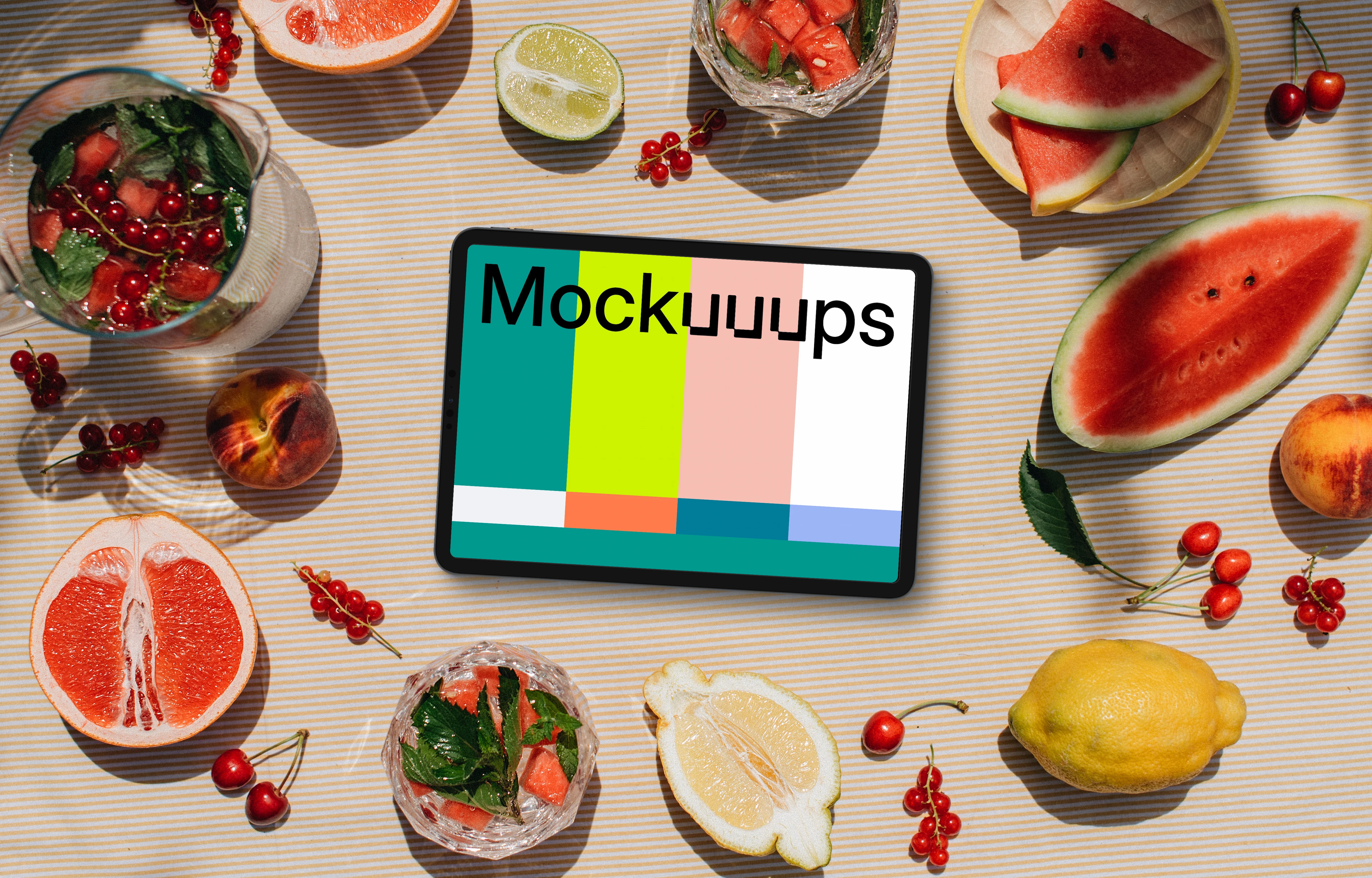 Top view of landscape tablet mockup with fruits
