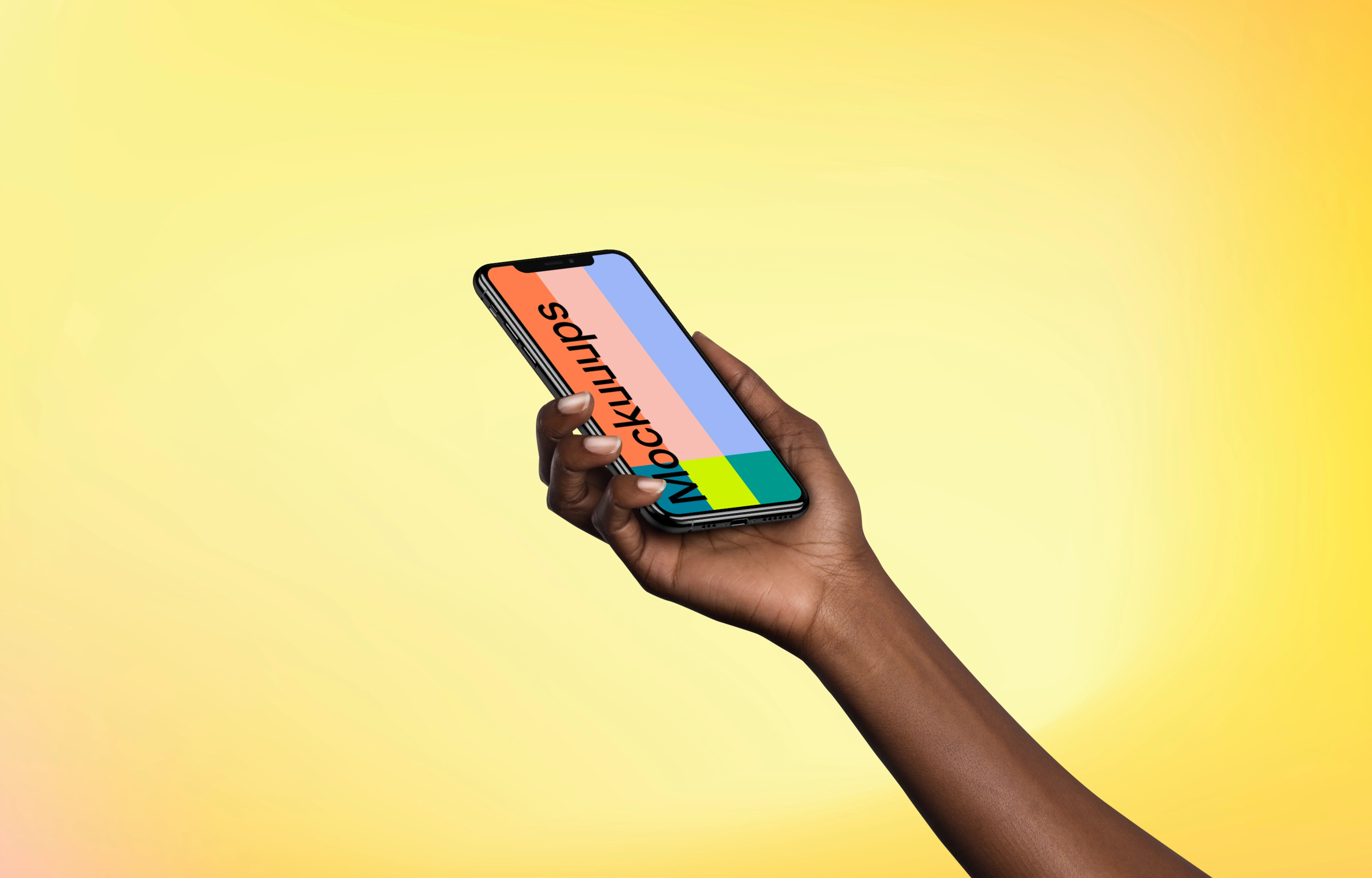 Woman holding iPhone XS mockup (Perspective - Gradient 1)