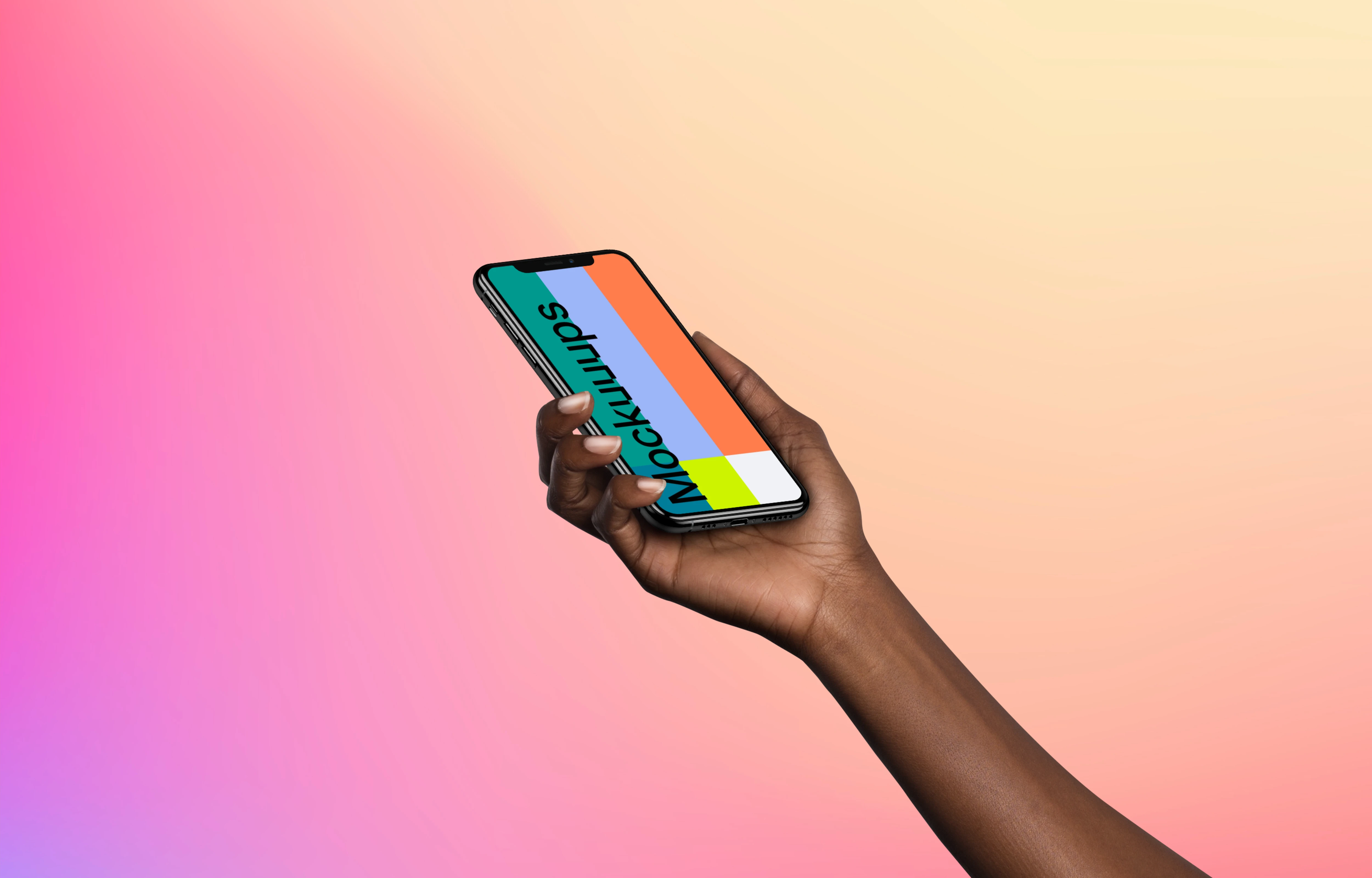Woman holding iPhone XS mockup (Perspective - Gradient 2)
