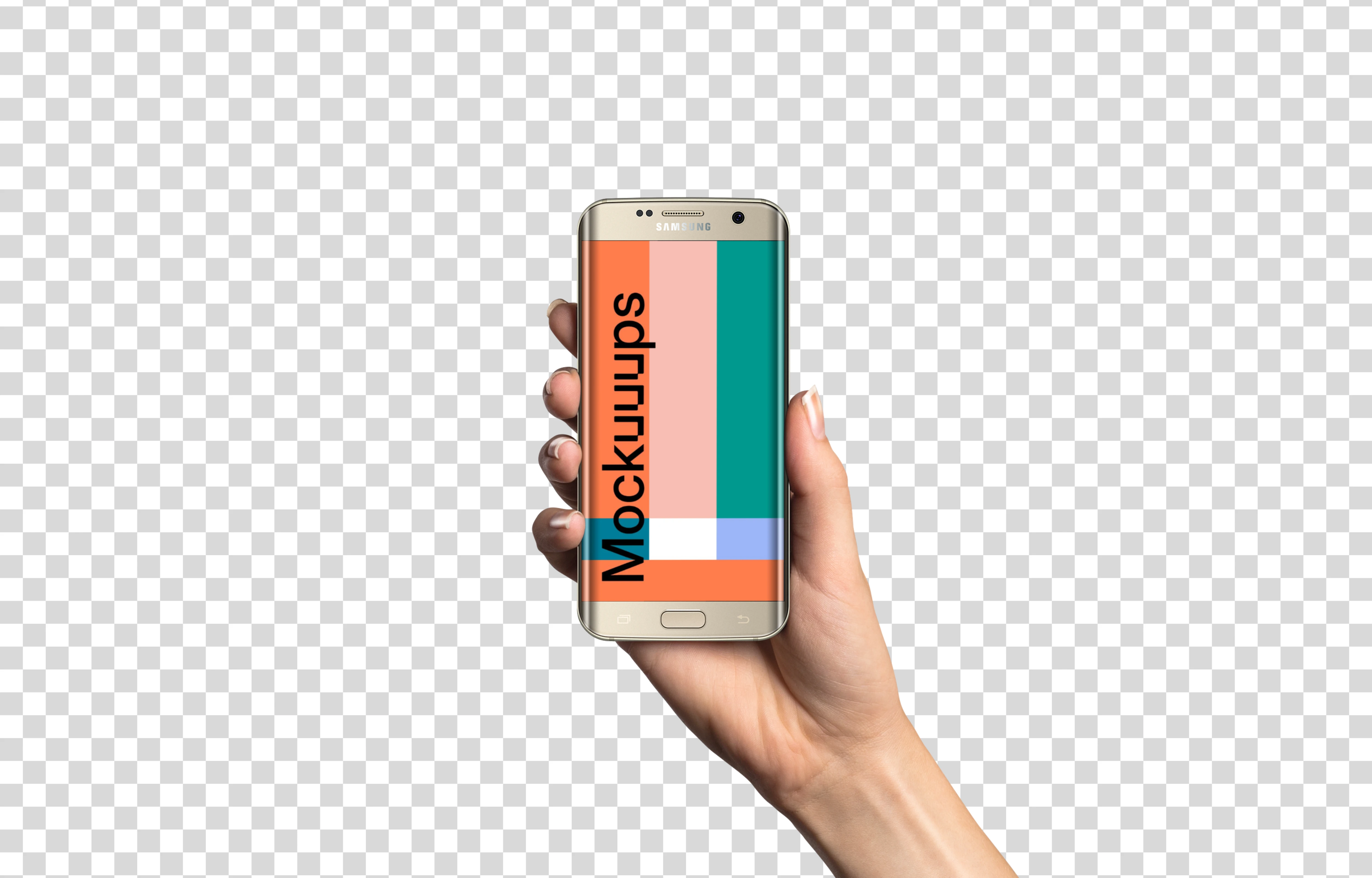 Woman holding Samsung Galaxy S7 Gold Mockup (White skin)