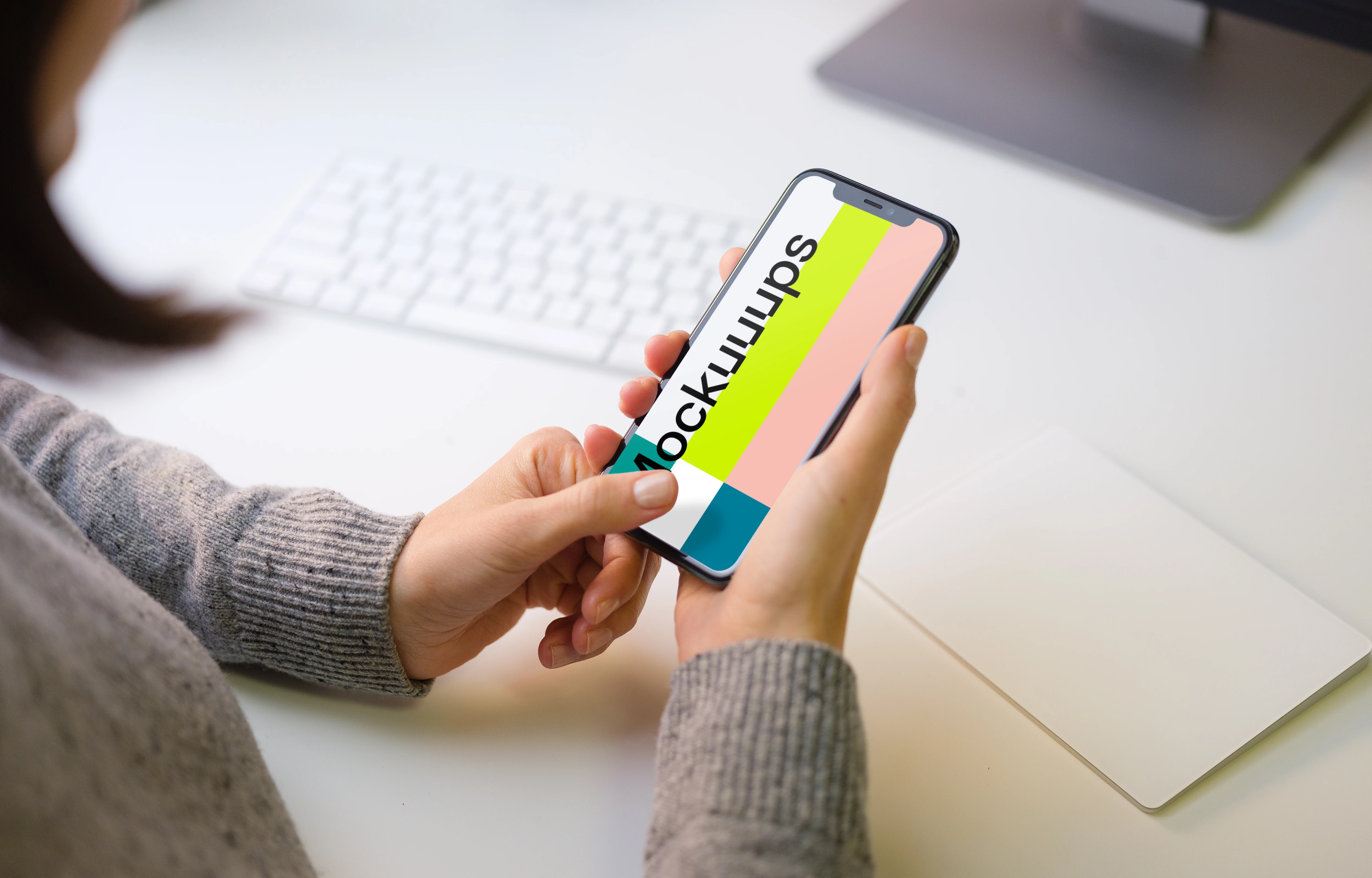 Woman interacting with a screen on iPhone 11 mockup