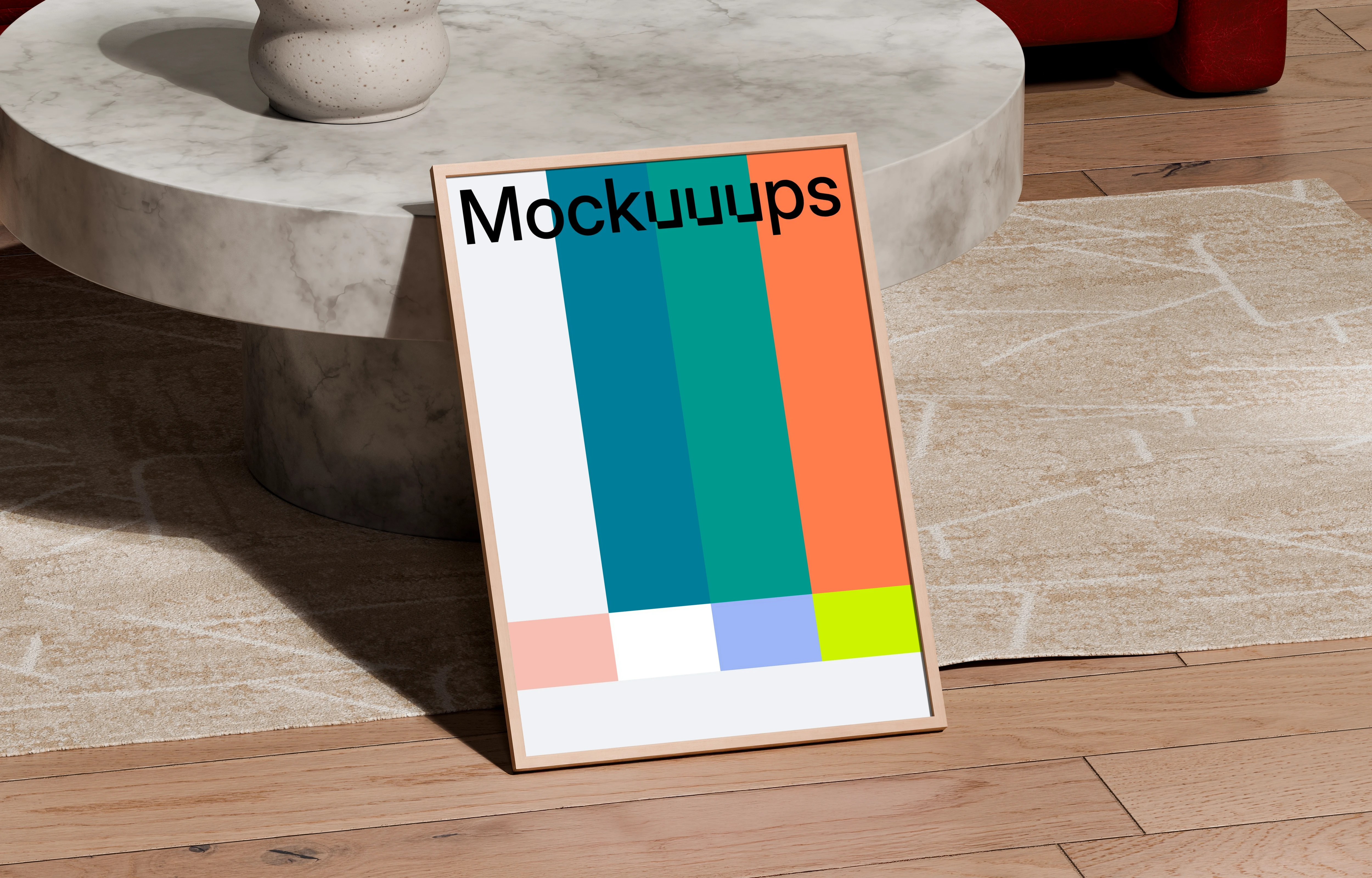 A3 poster mockup leaning on a marble coffee table