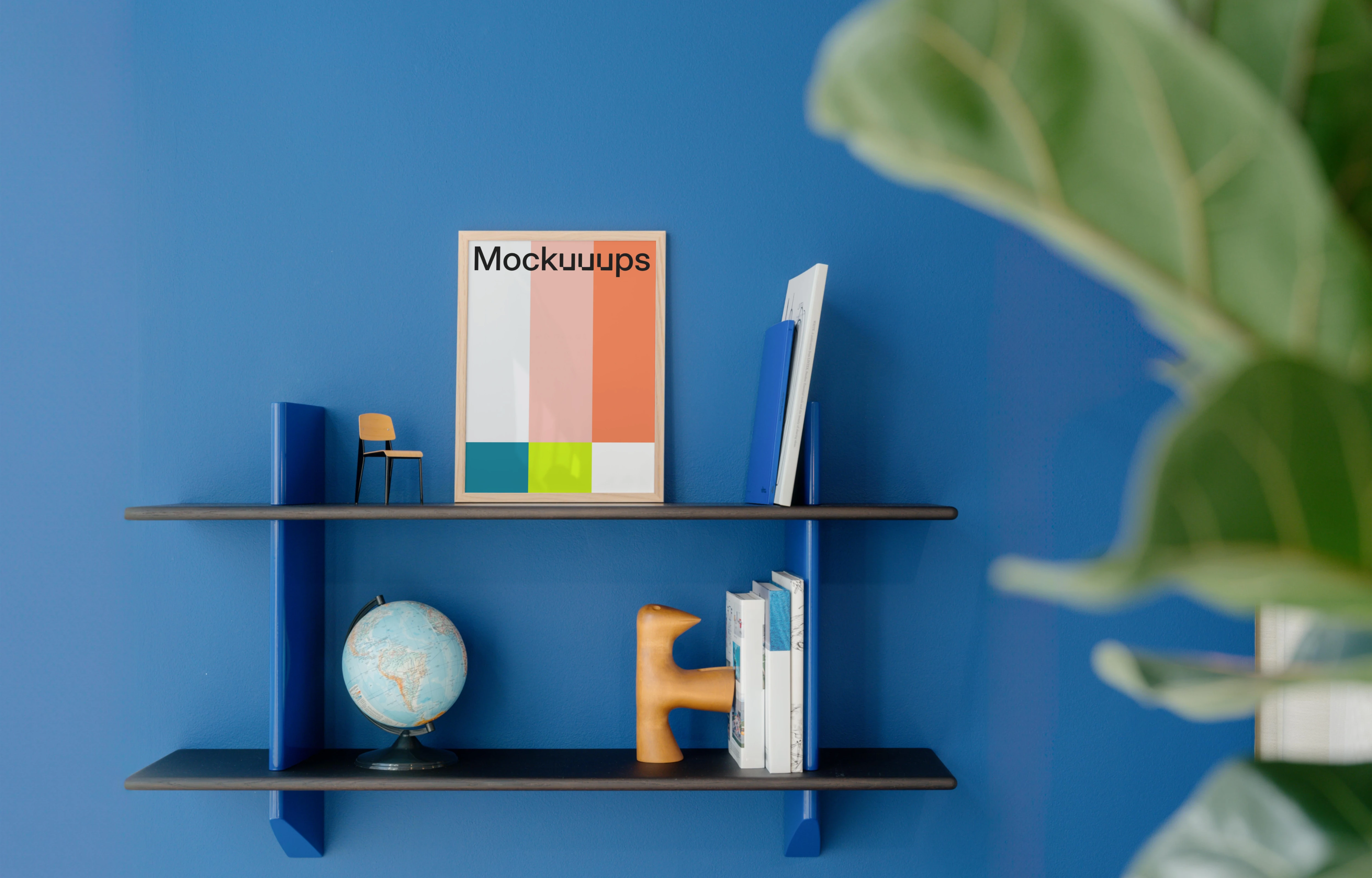 A4 mockup in a modern blue wall decor setup