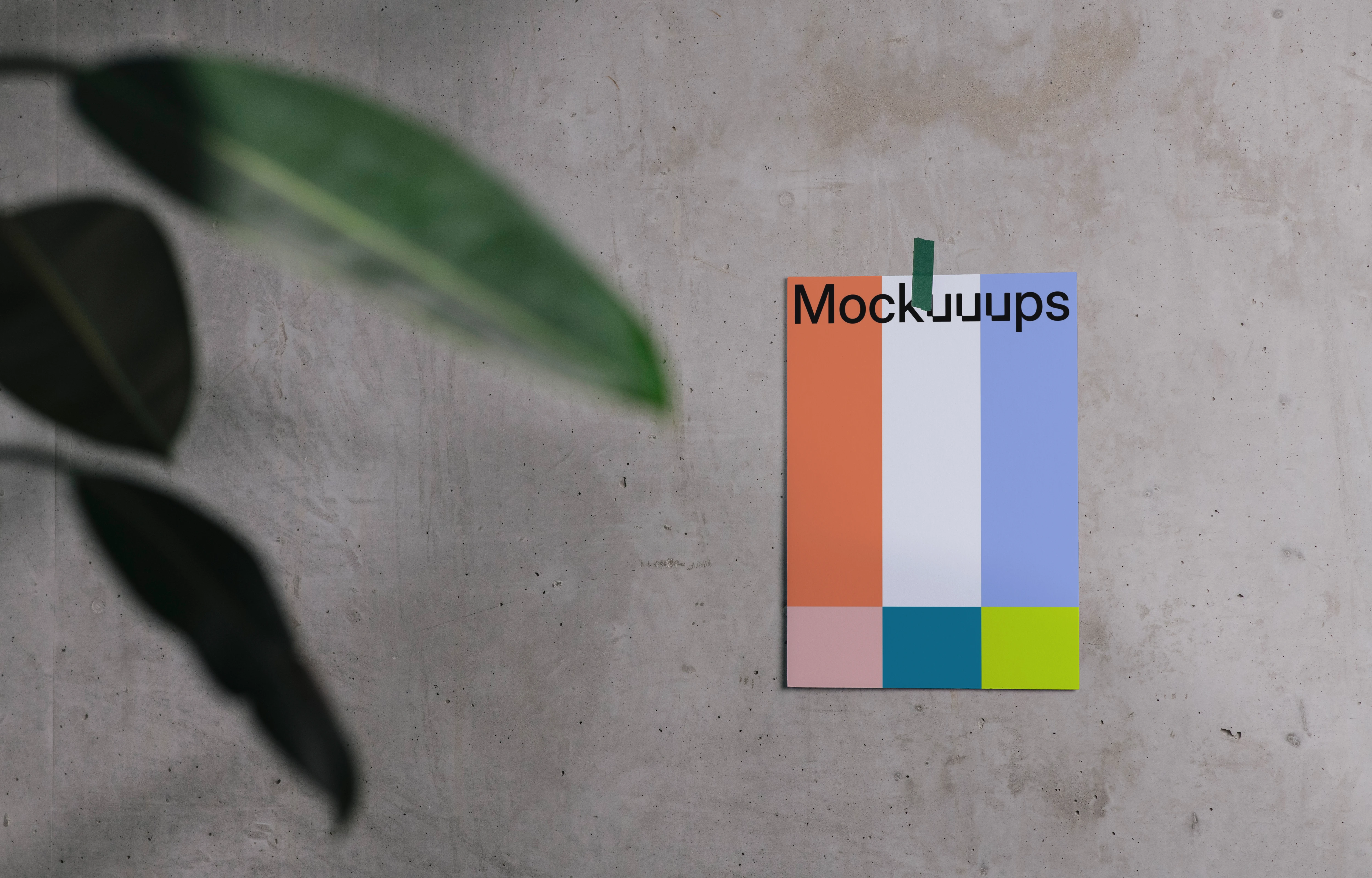 A4 mockup taped to a concrete wall with a plant in the foreground