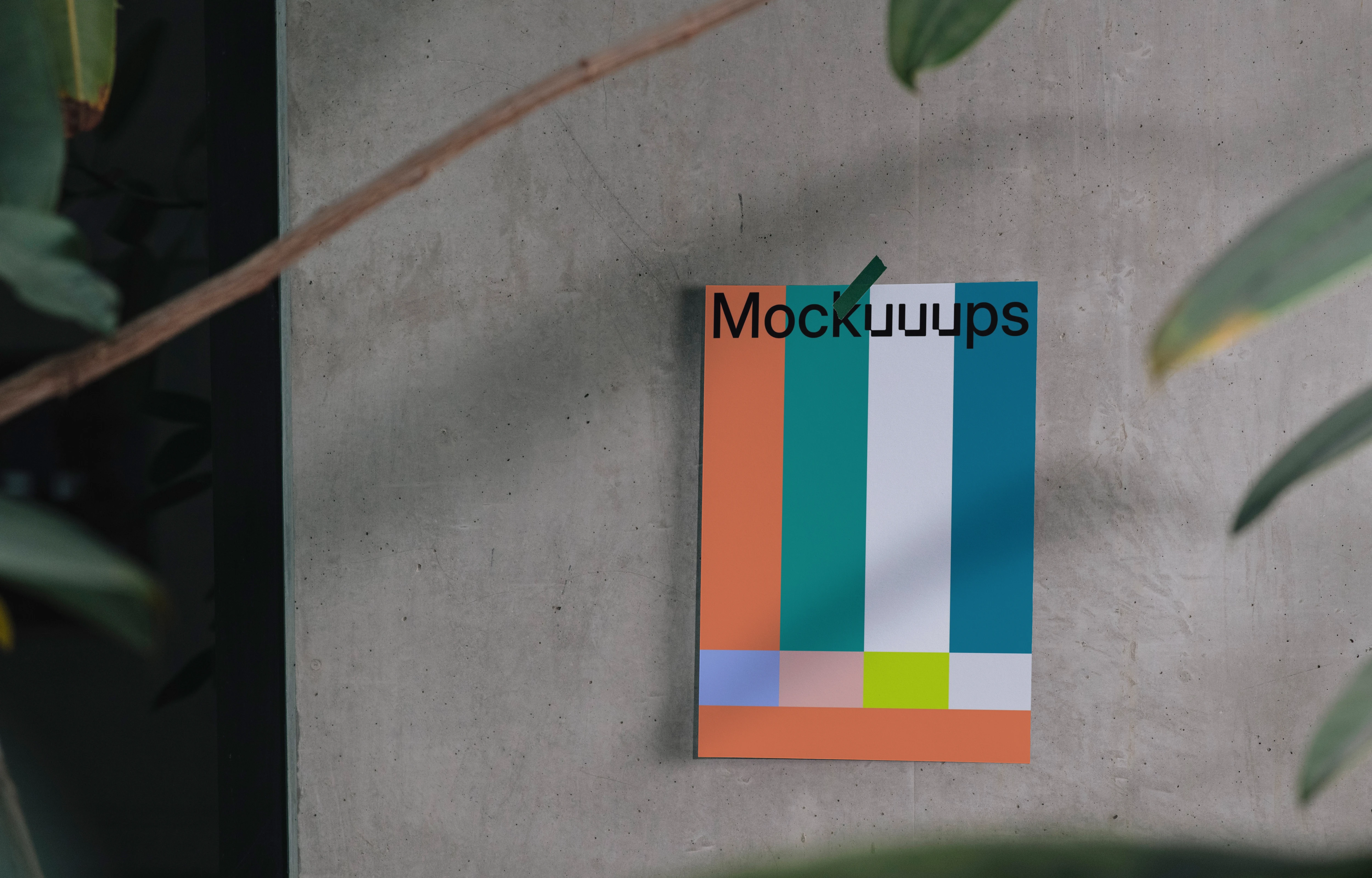 A4 poster mockup with plants on a concrete wall