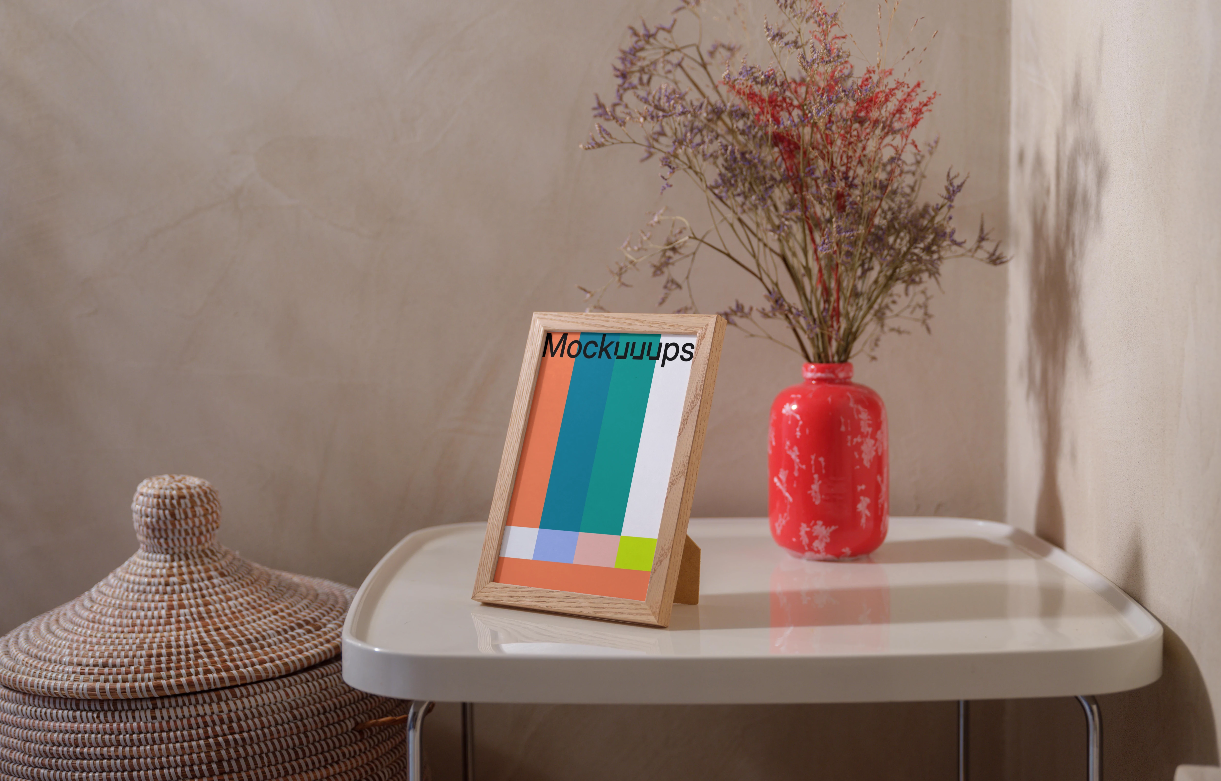 A5 frame mockup on a modern table with decorative elements
