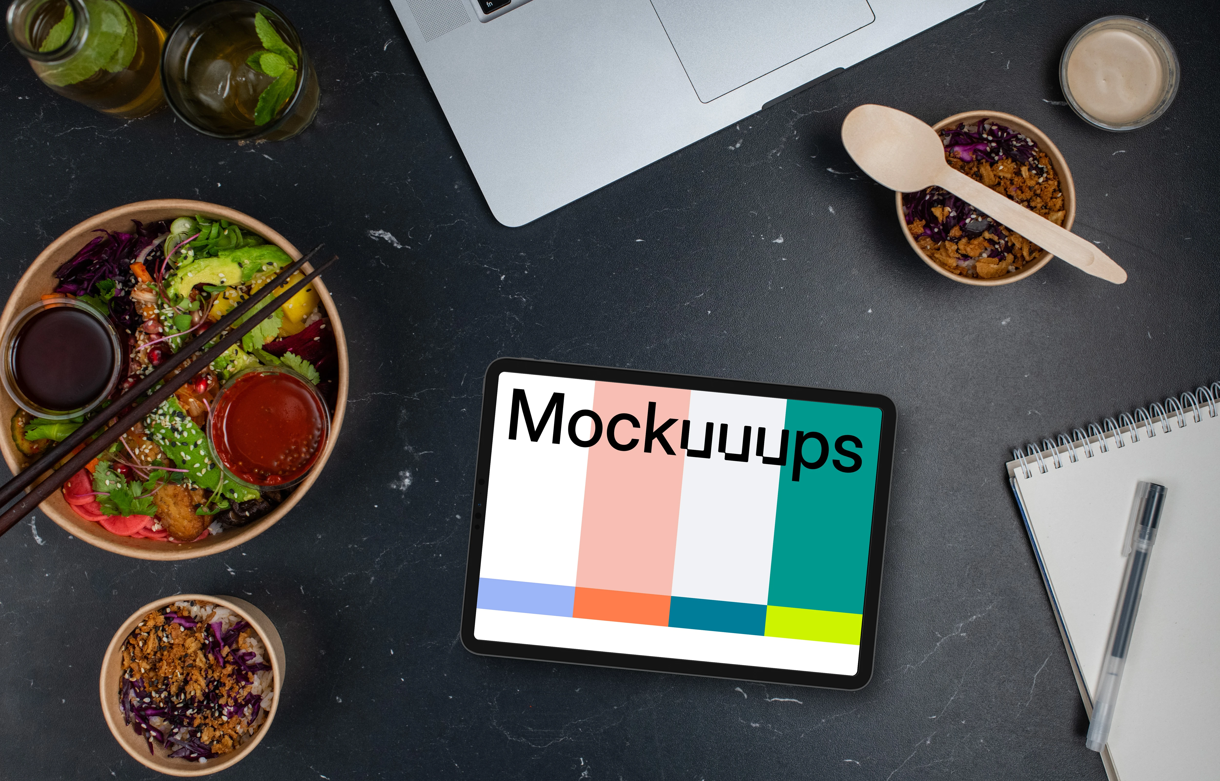 Asian delivery meals next to the tablet mockup