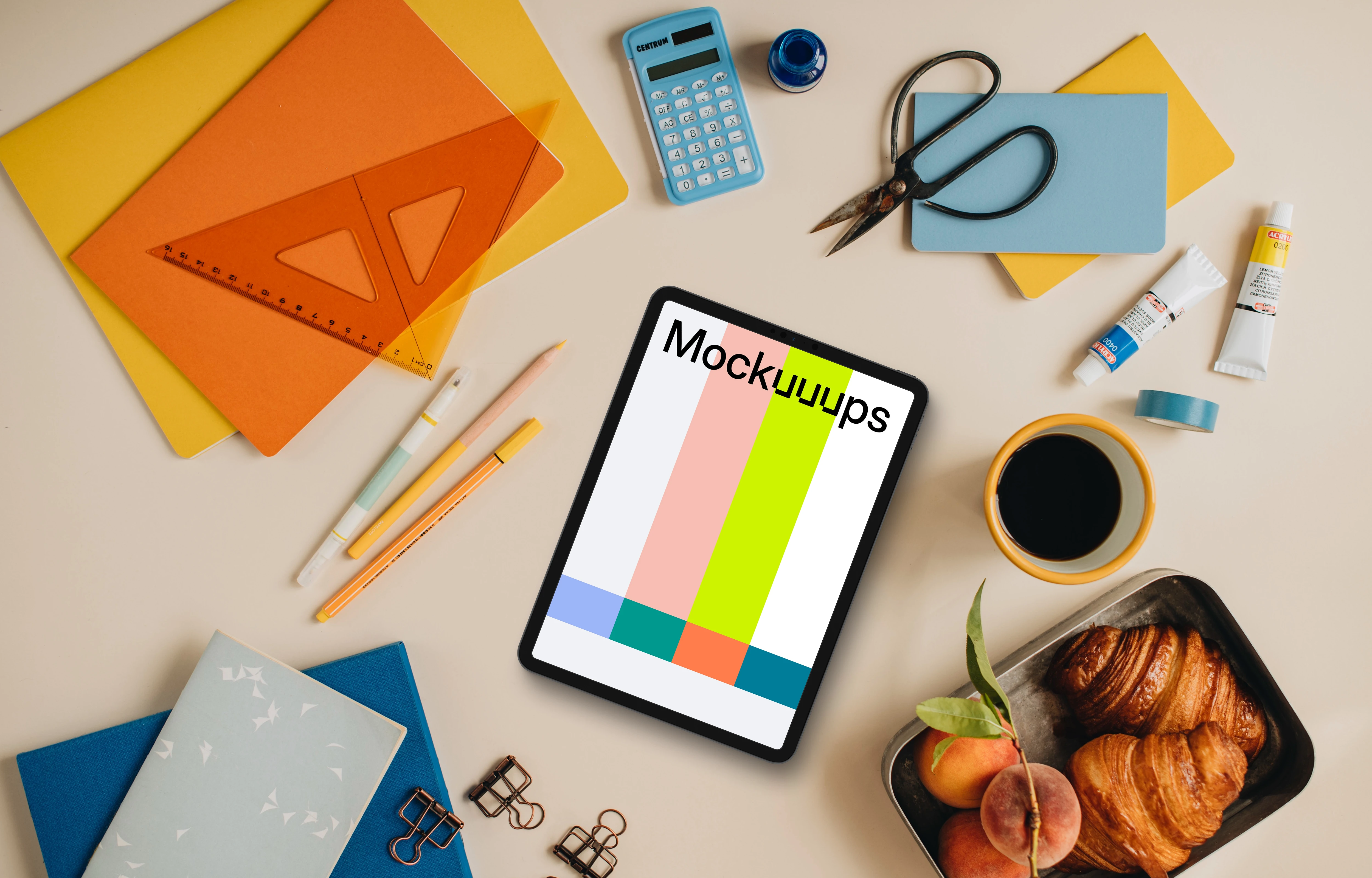 Back to school mockup with tablet and lunch box