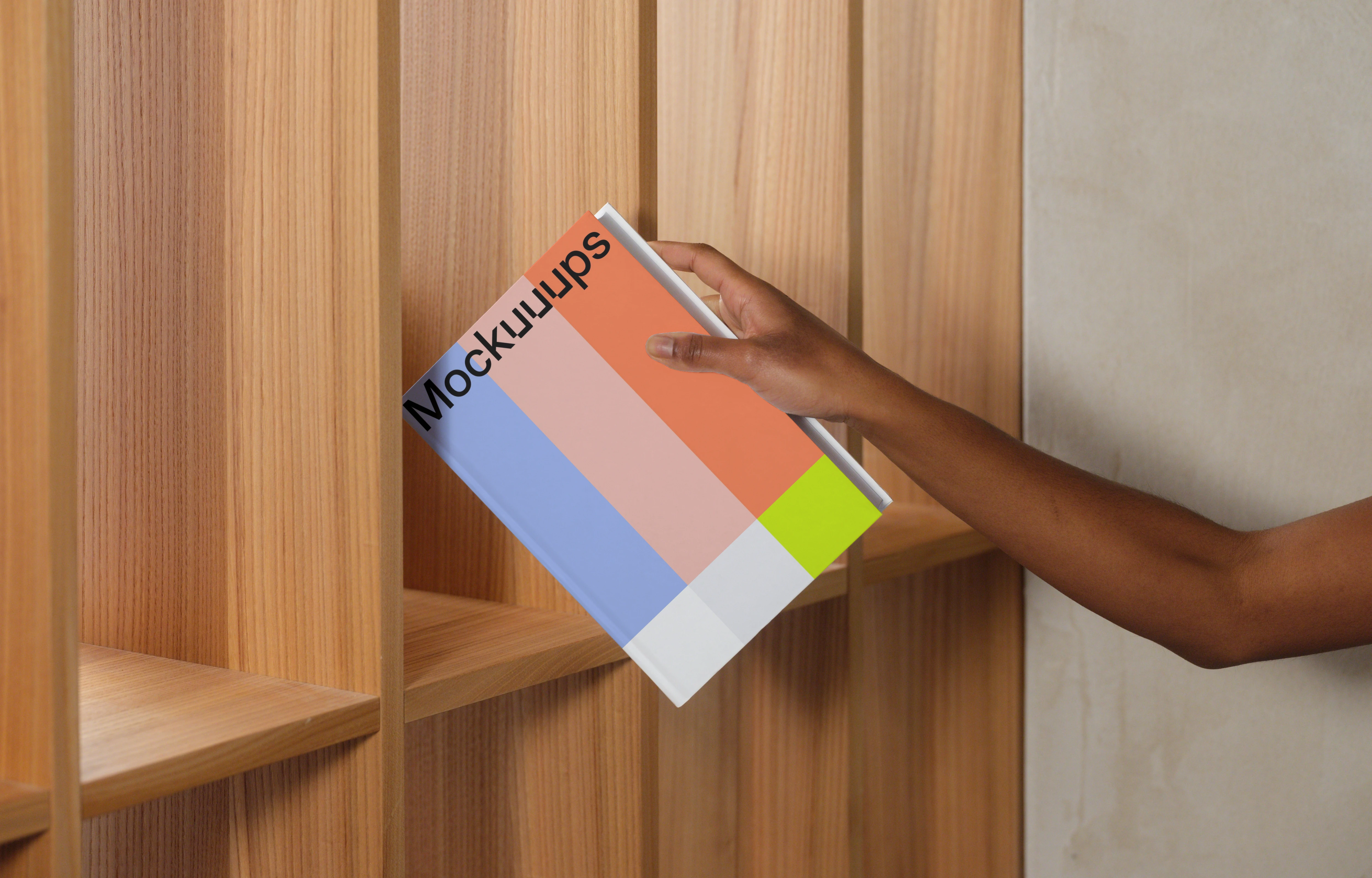 Book mockup in a wooden shelving unit