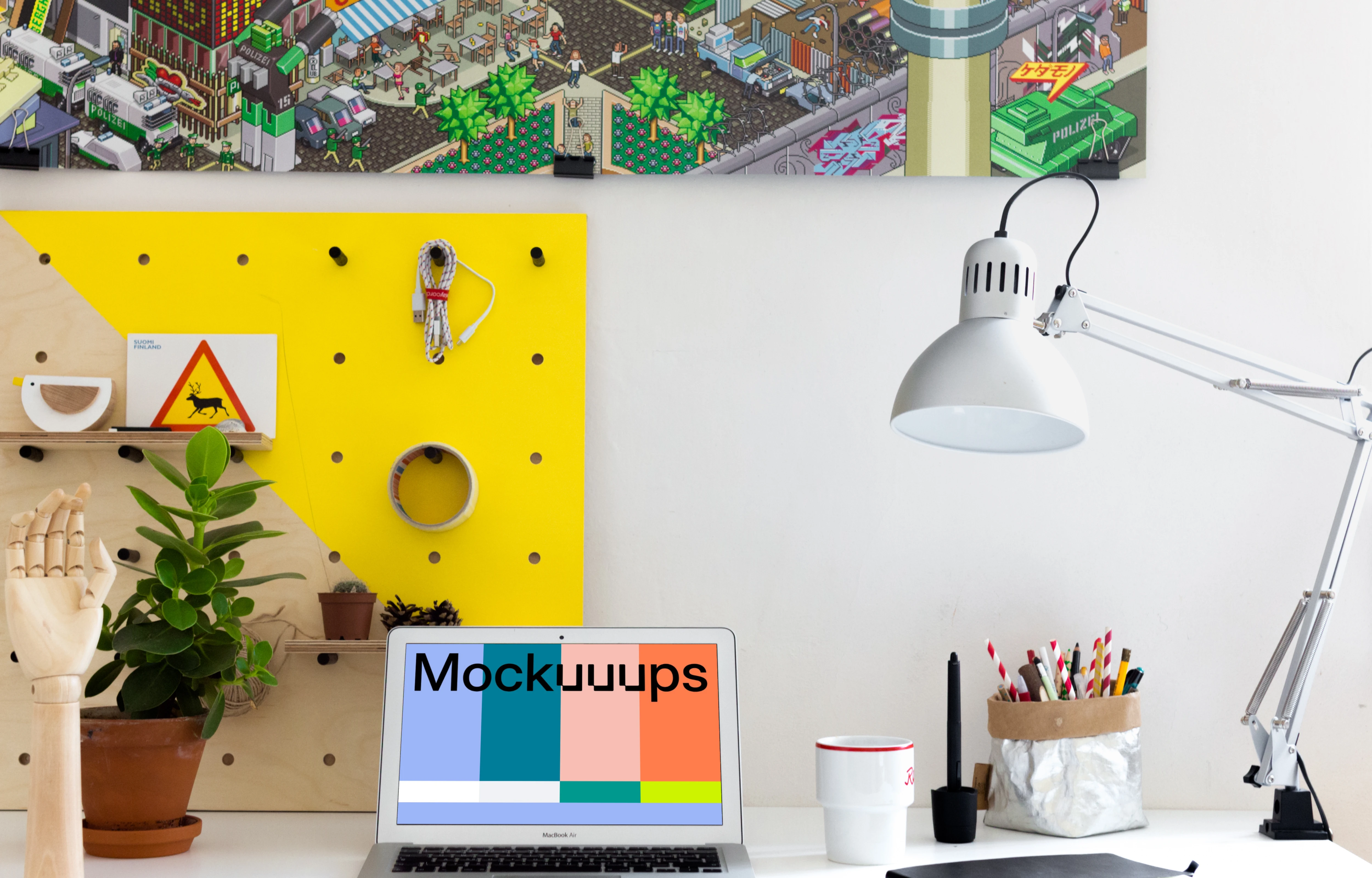 Bright office environment mockup with MacBook Air