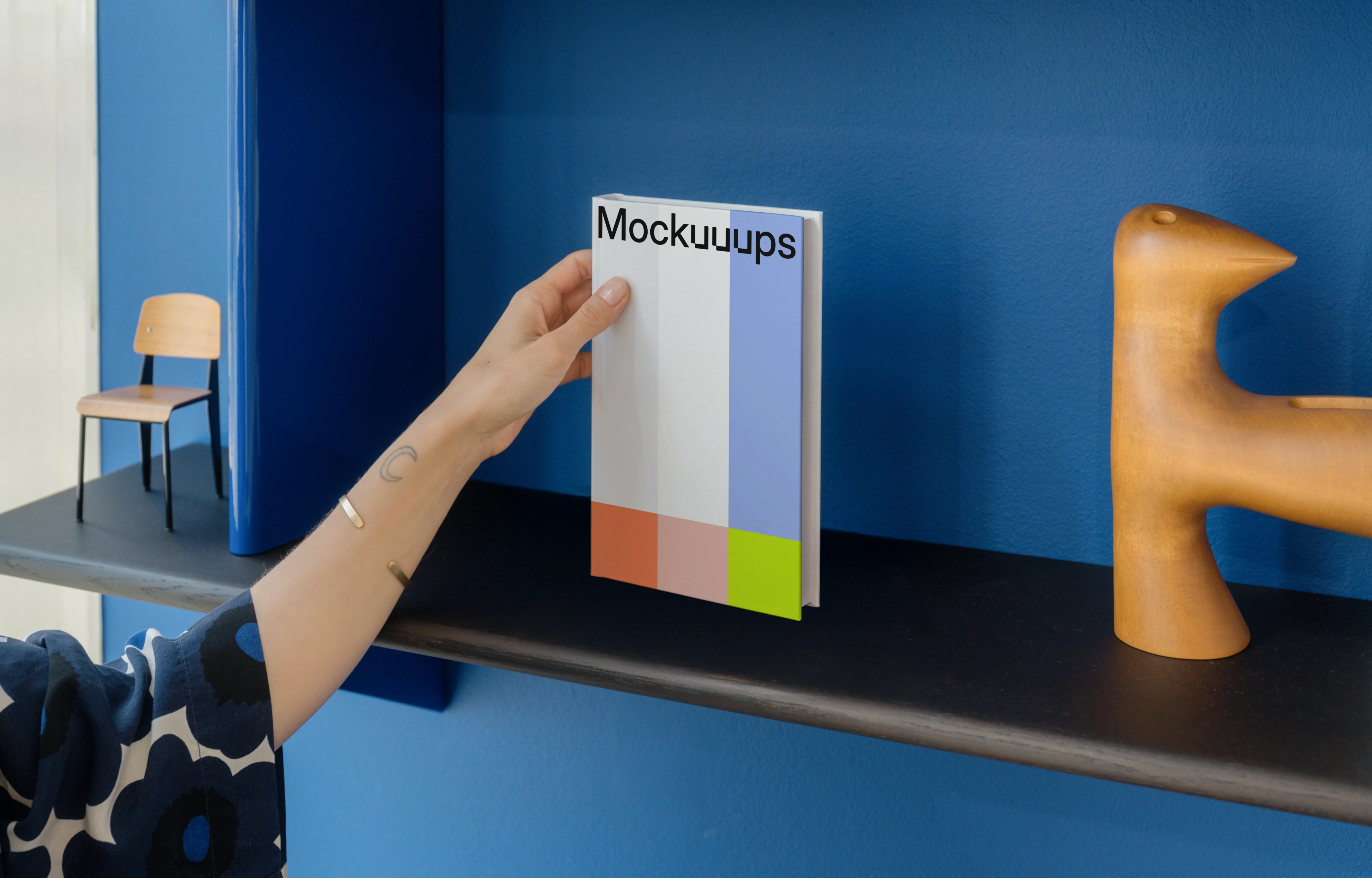 C-format book mockup on a stylish shelf