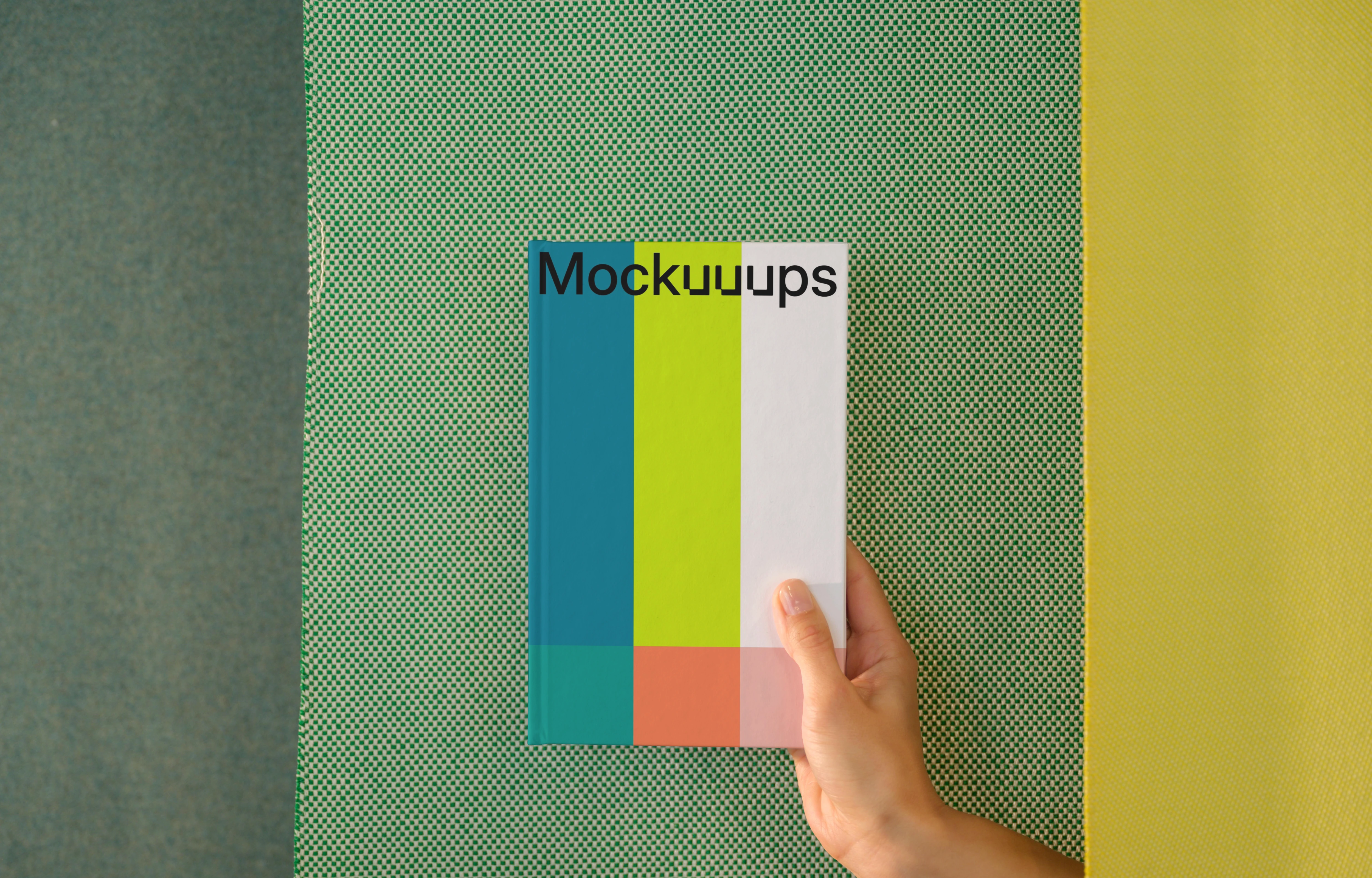 C-format book mockup with geometric background
