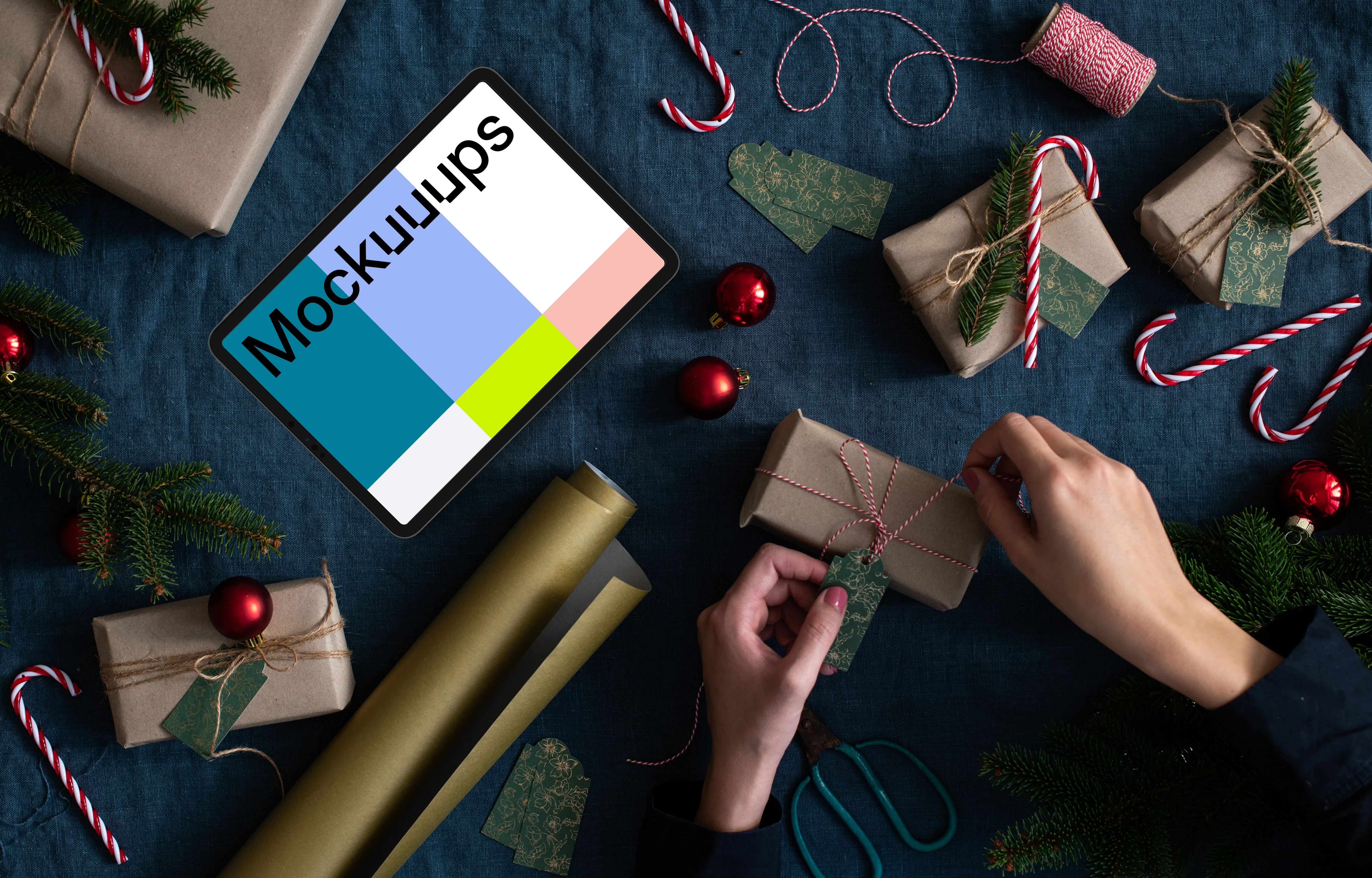 Christmas table with a tablet mockup