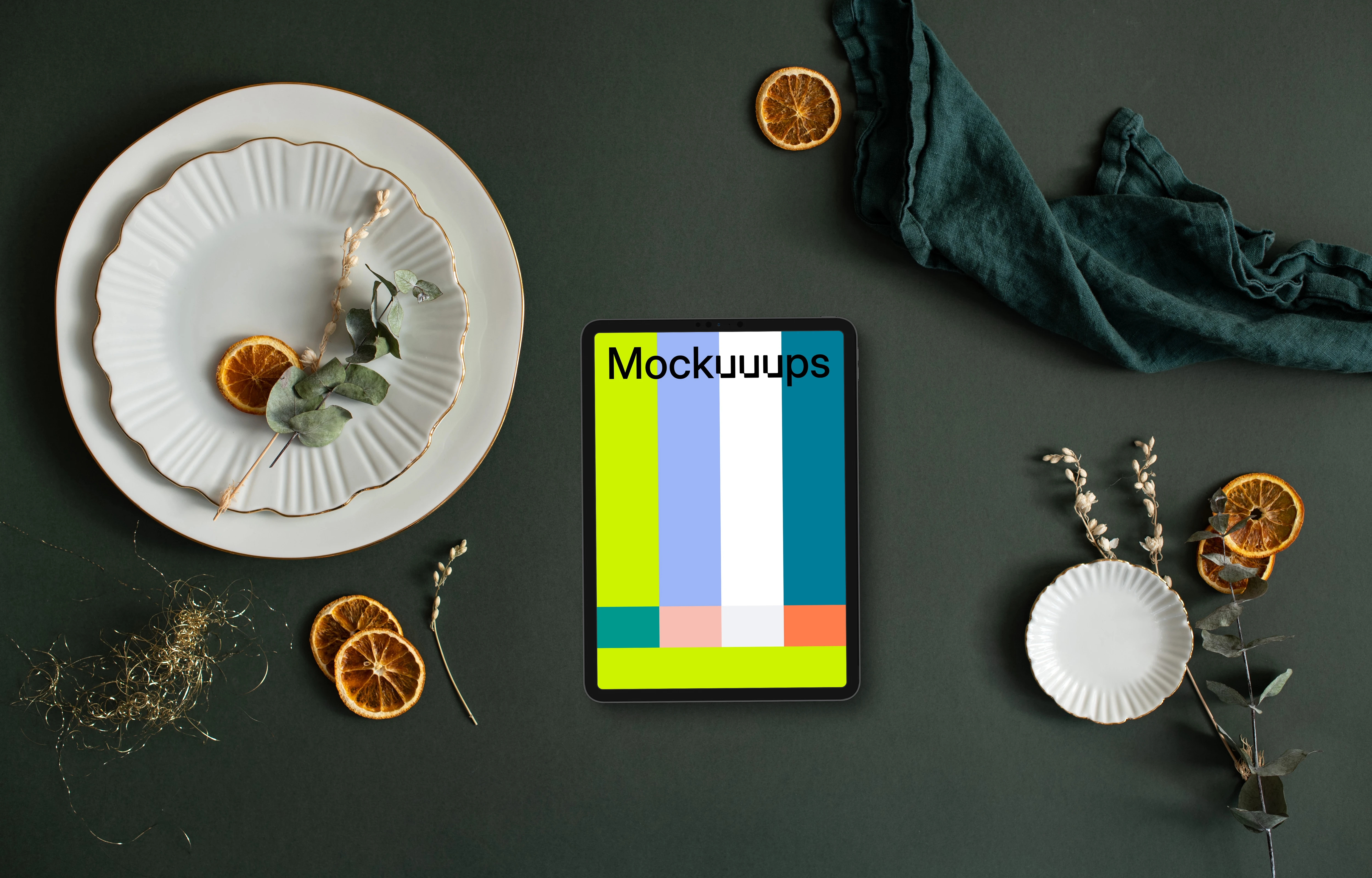 Christmas tablet mockup on dark green background