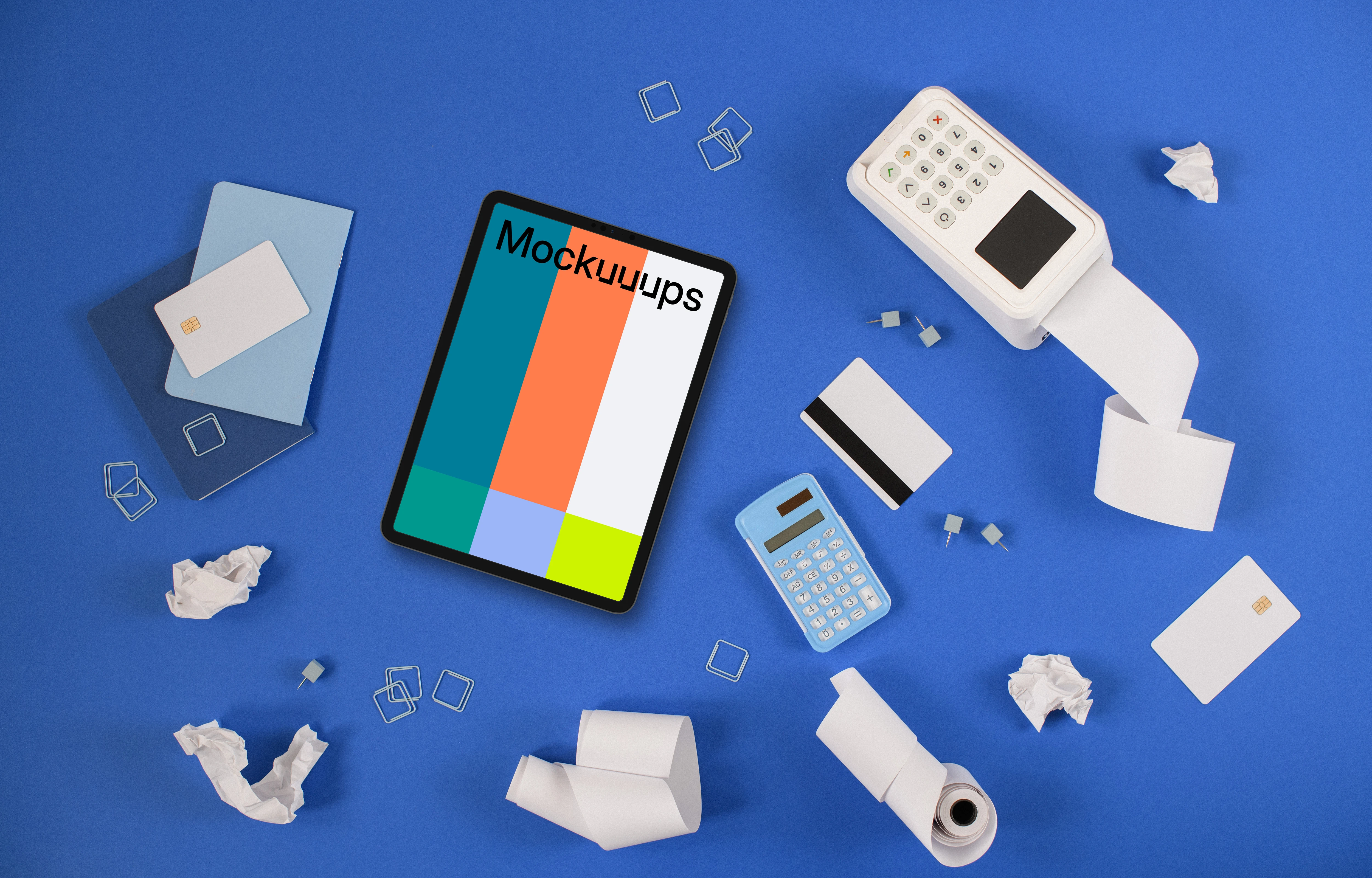 Credit card, payment terminal and an iPad mockup