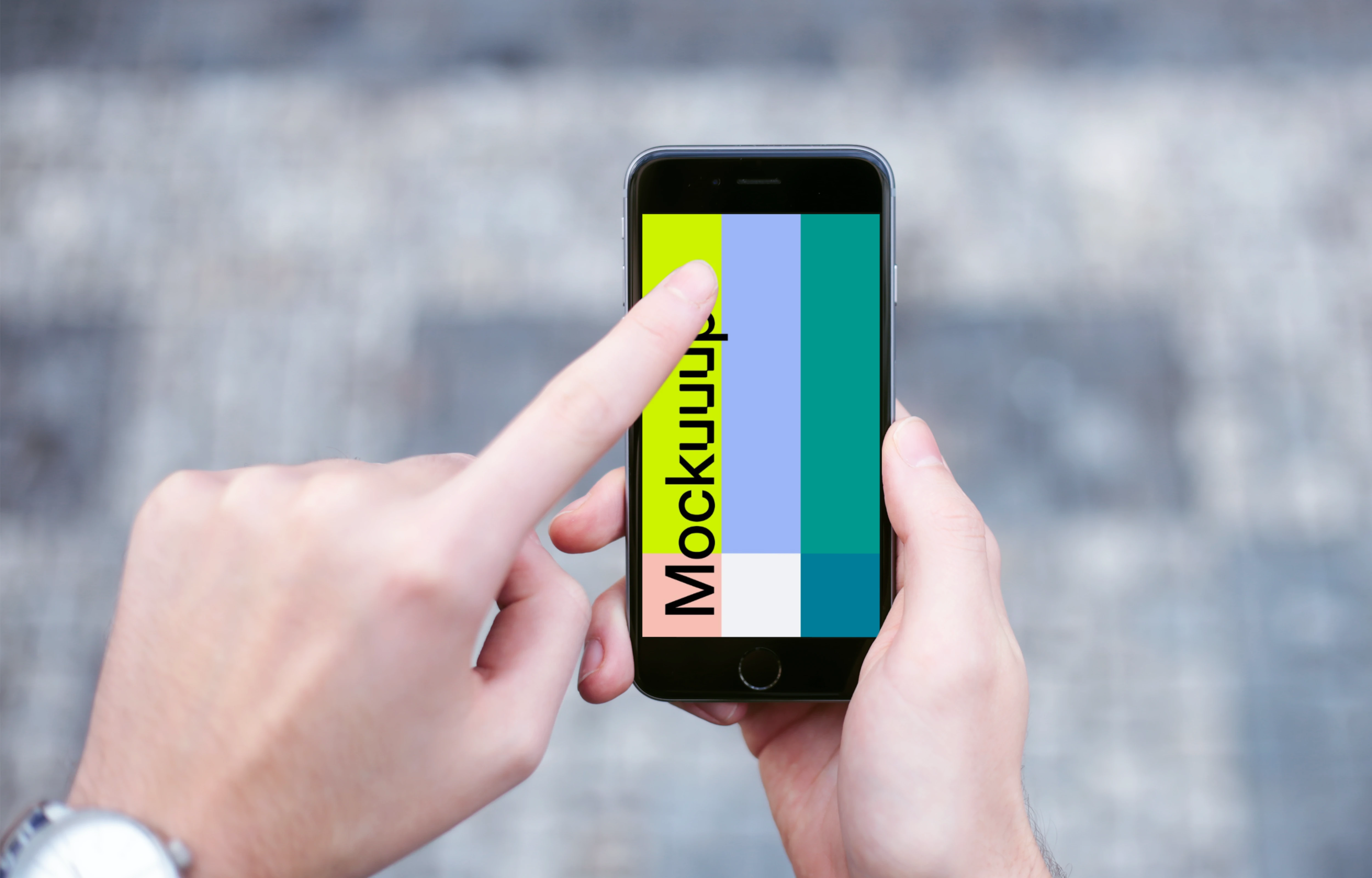Walking and pointing to screen on iPhone 6 mockup