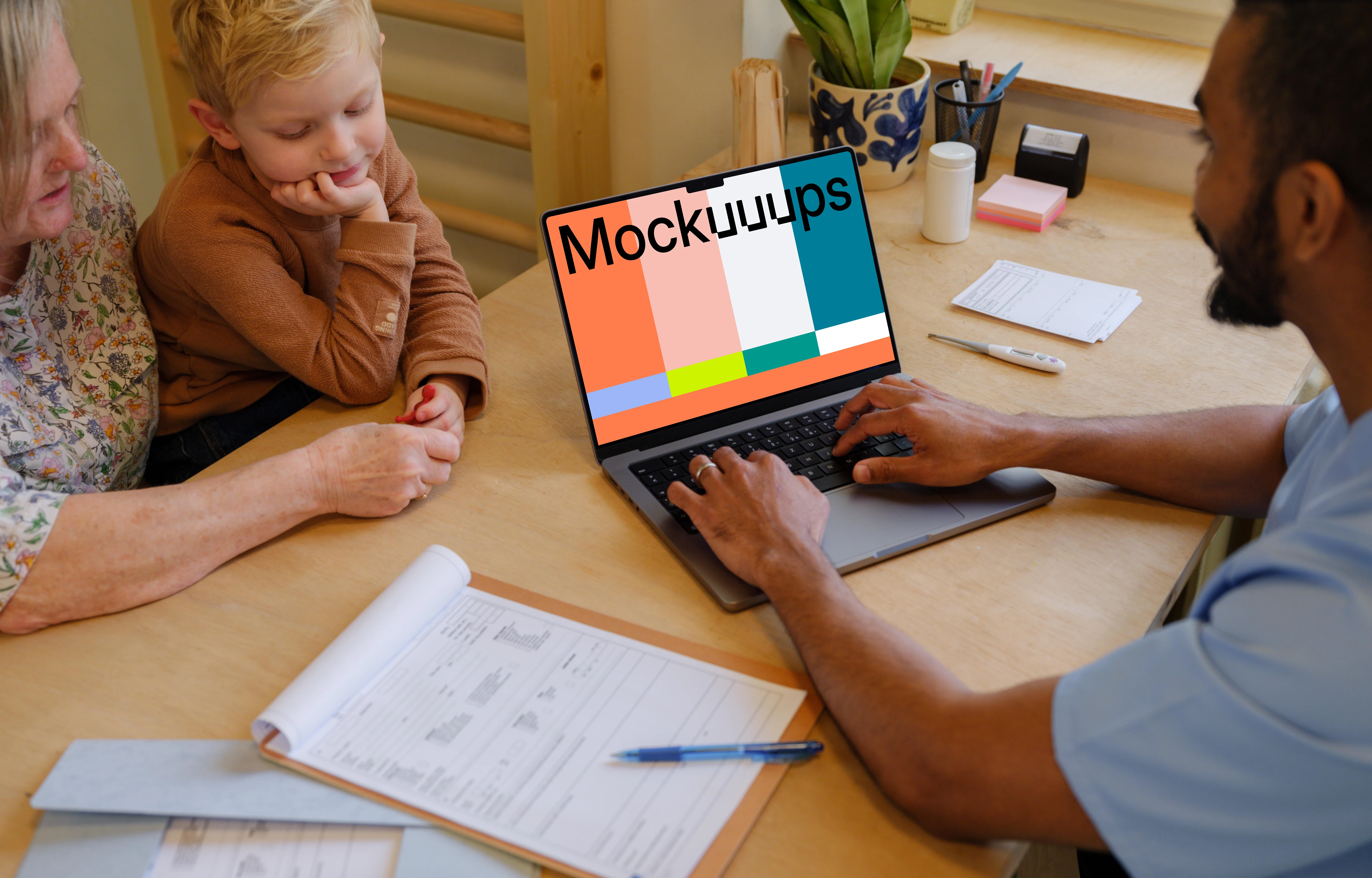 Doctor typing on a MacBook Pro mockup