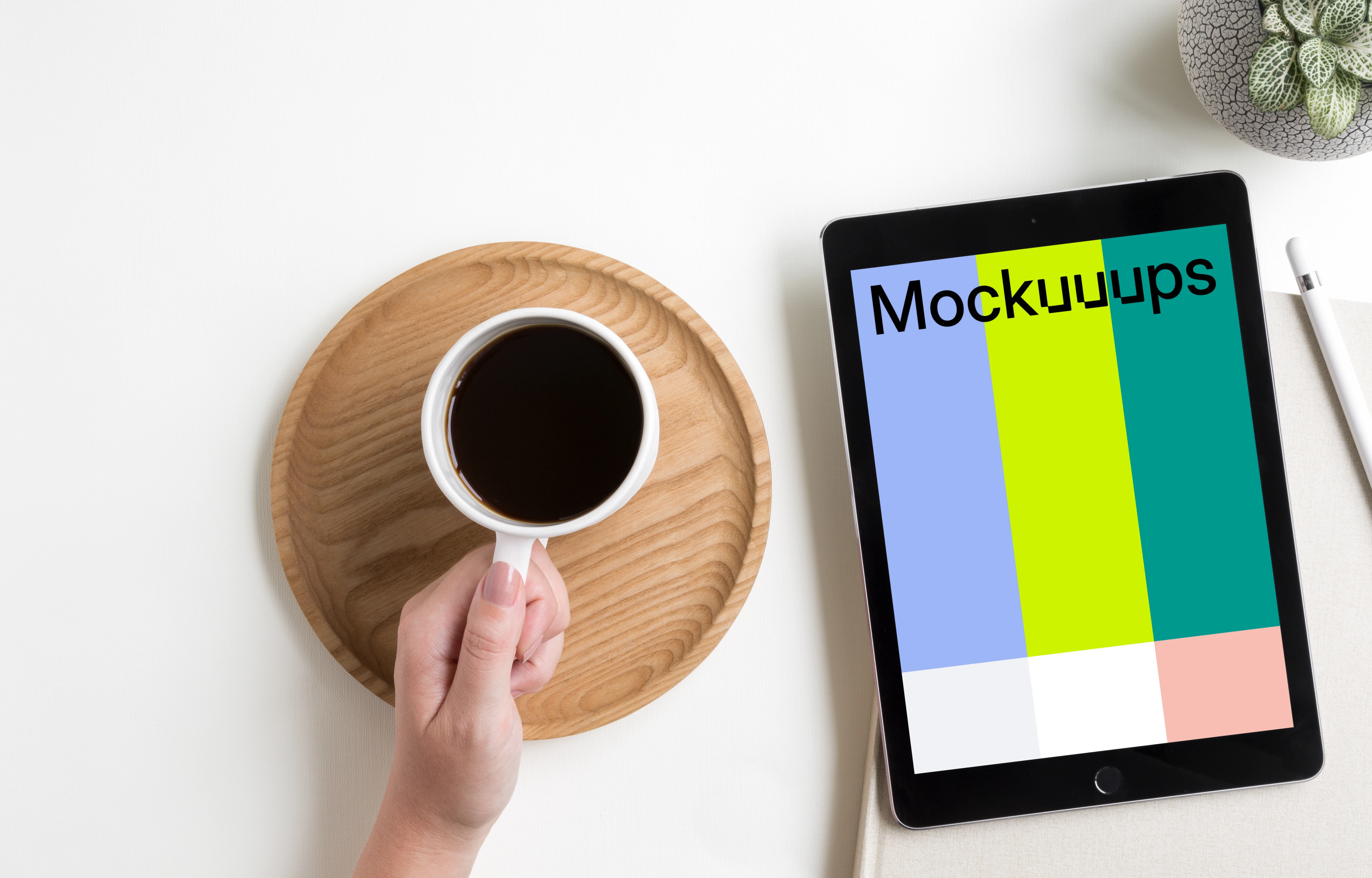 Drinking coffee and reading on an iPad Pro mockup