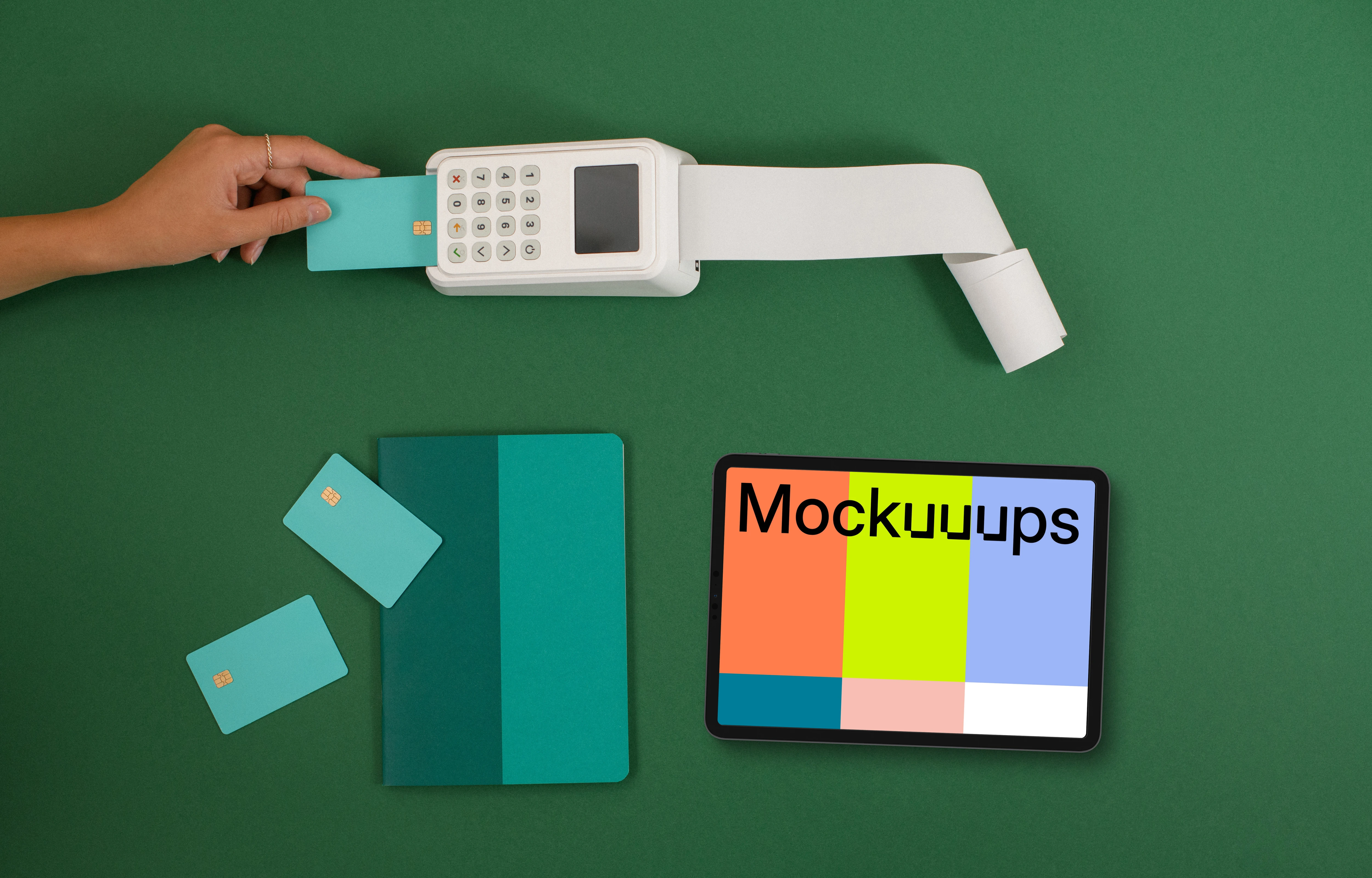 E-commerce themed tablet mockup with green background