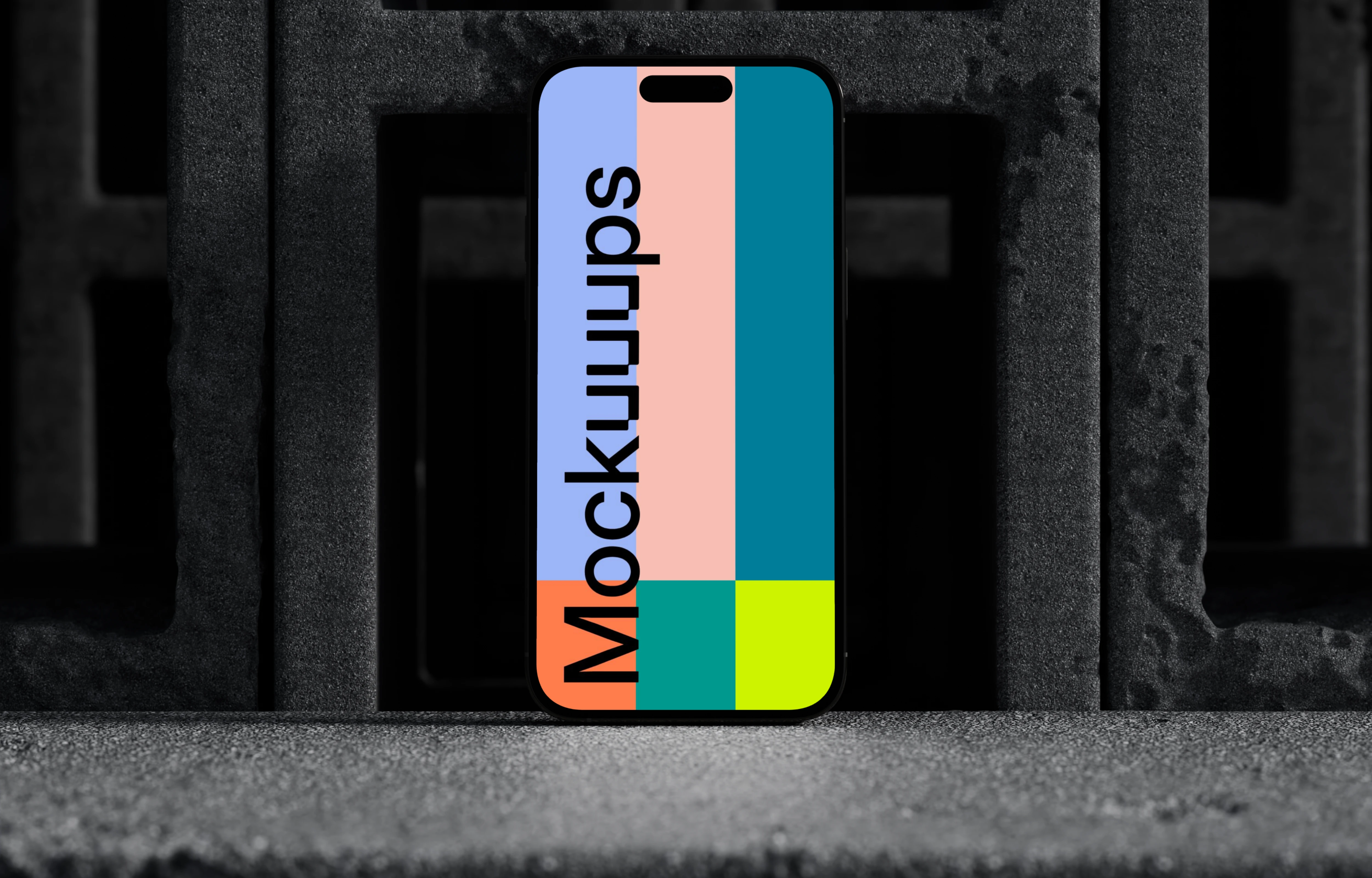 iPhone 16 mockup with concrete blocks backdrop