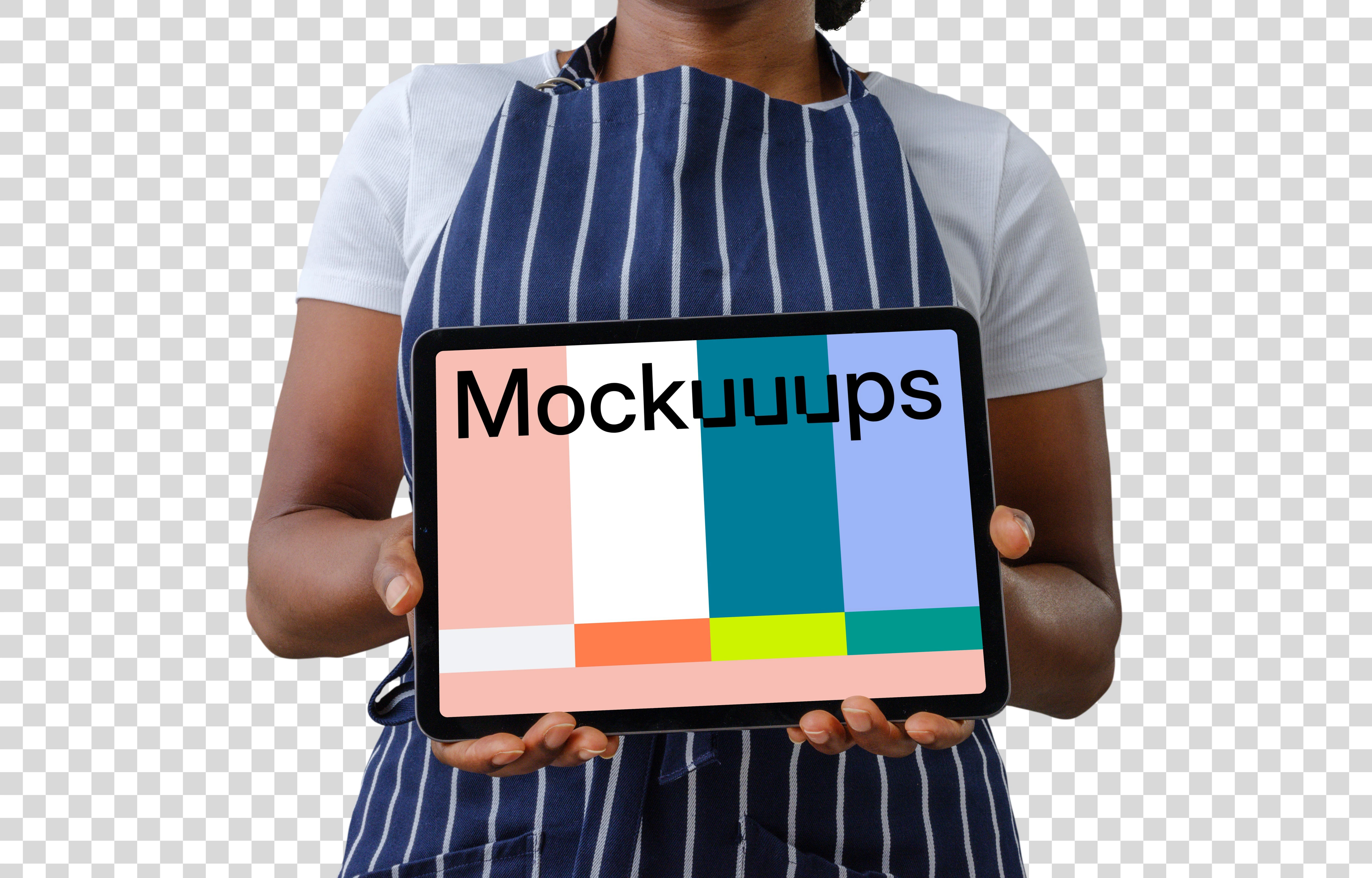 Female chef holding an iPad Air mockup