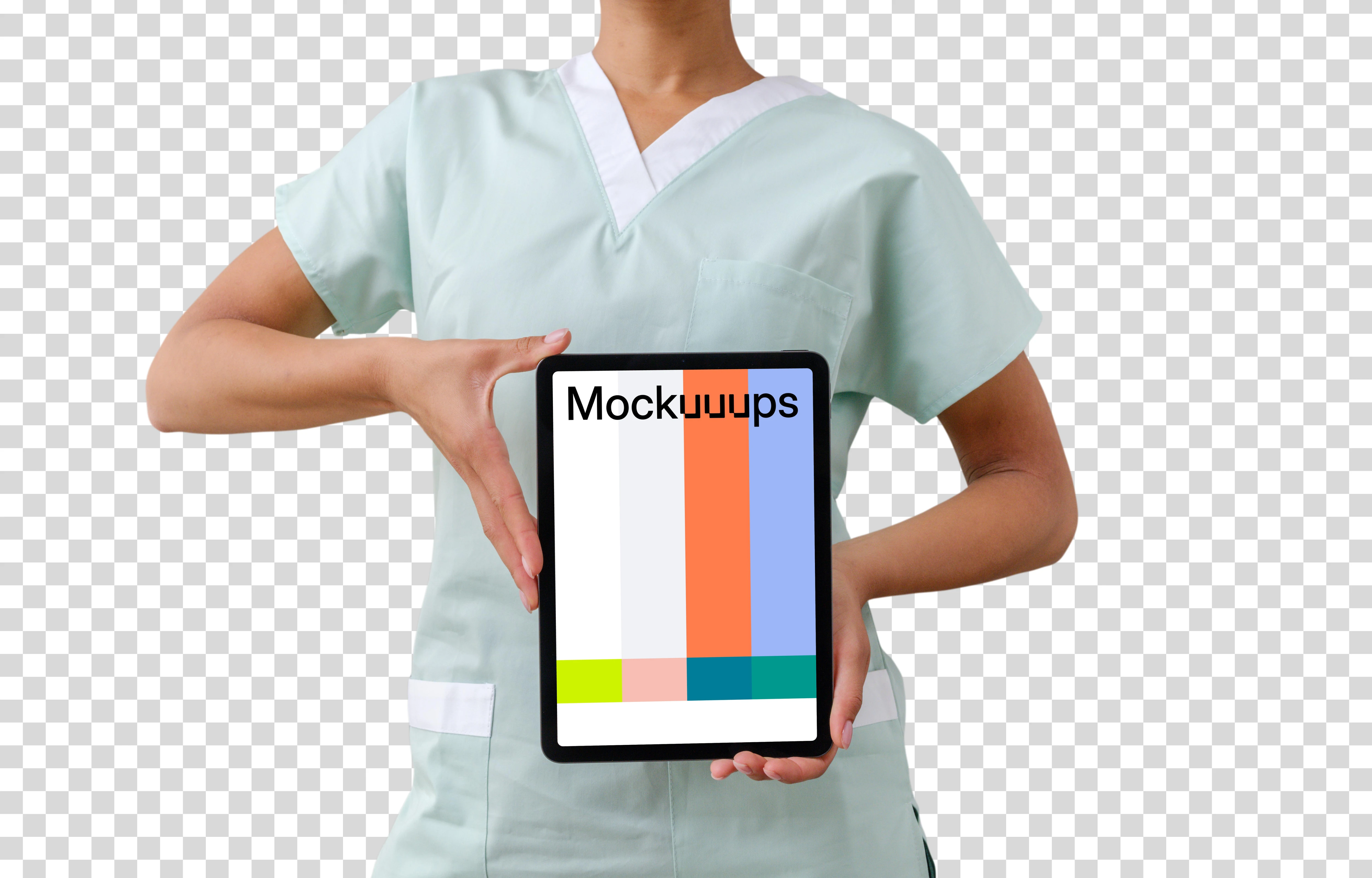Female doctor holding an iPad mockup in her hands