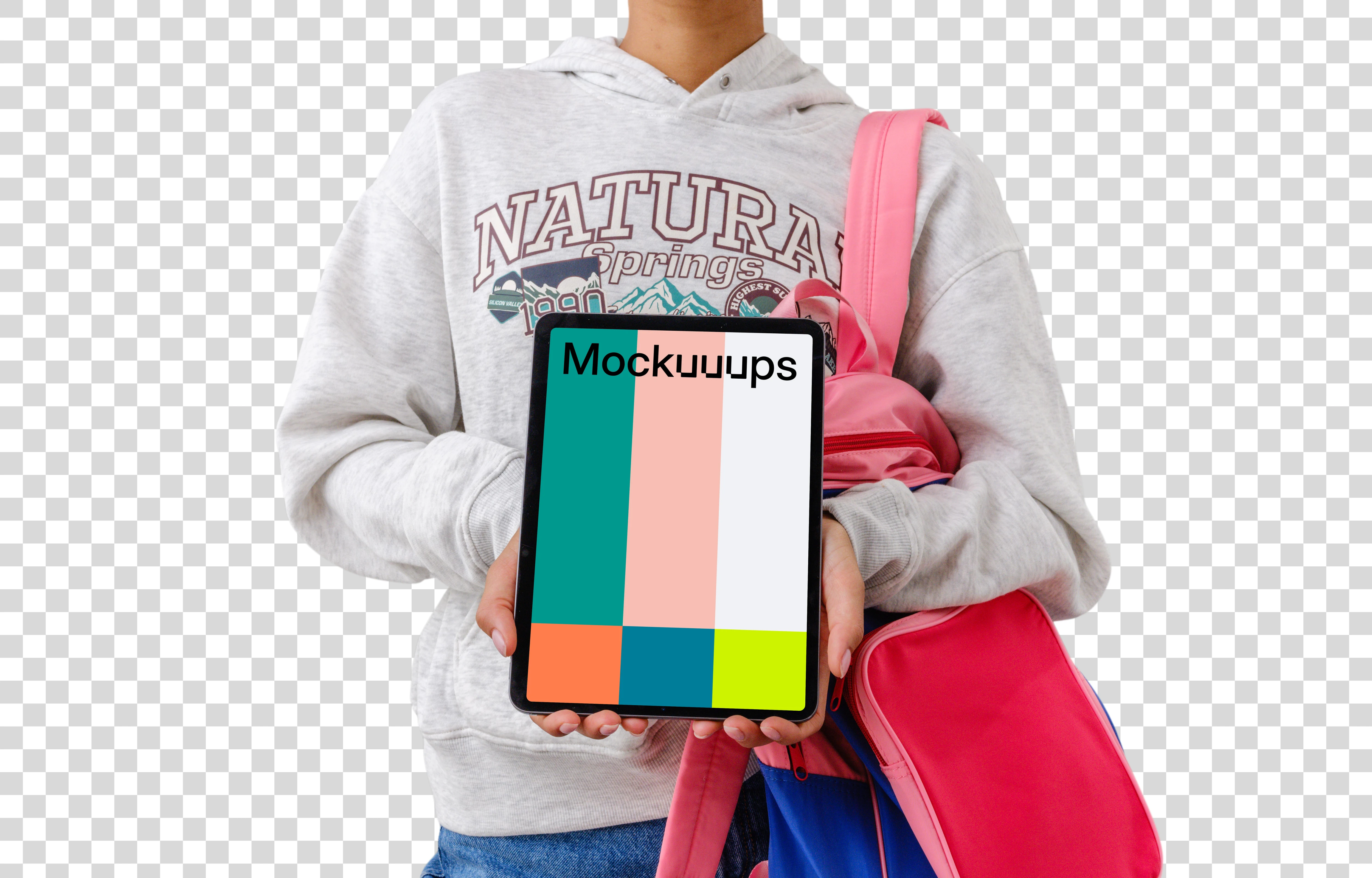 Female student holding an iPad device mockup