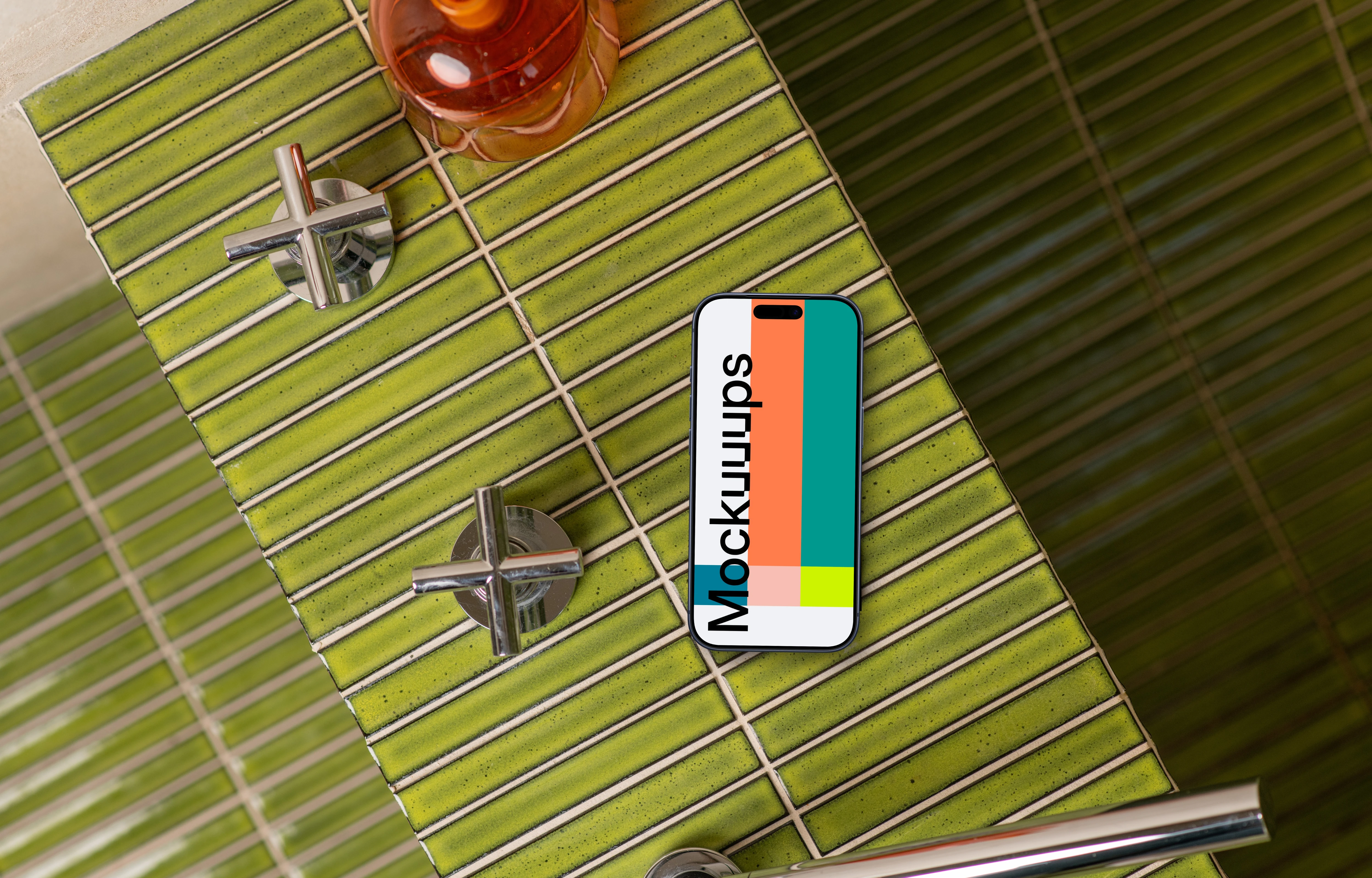 Smartphone mockup on tiled bathroom counter