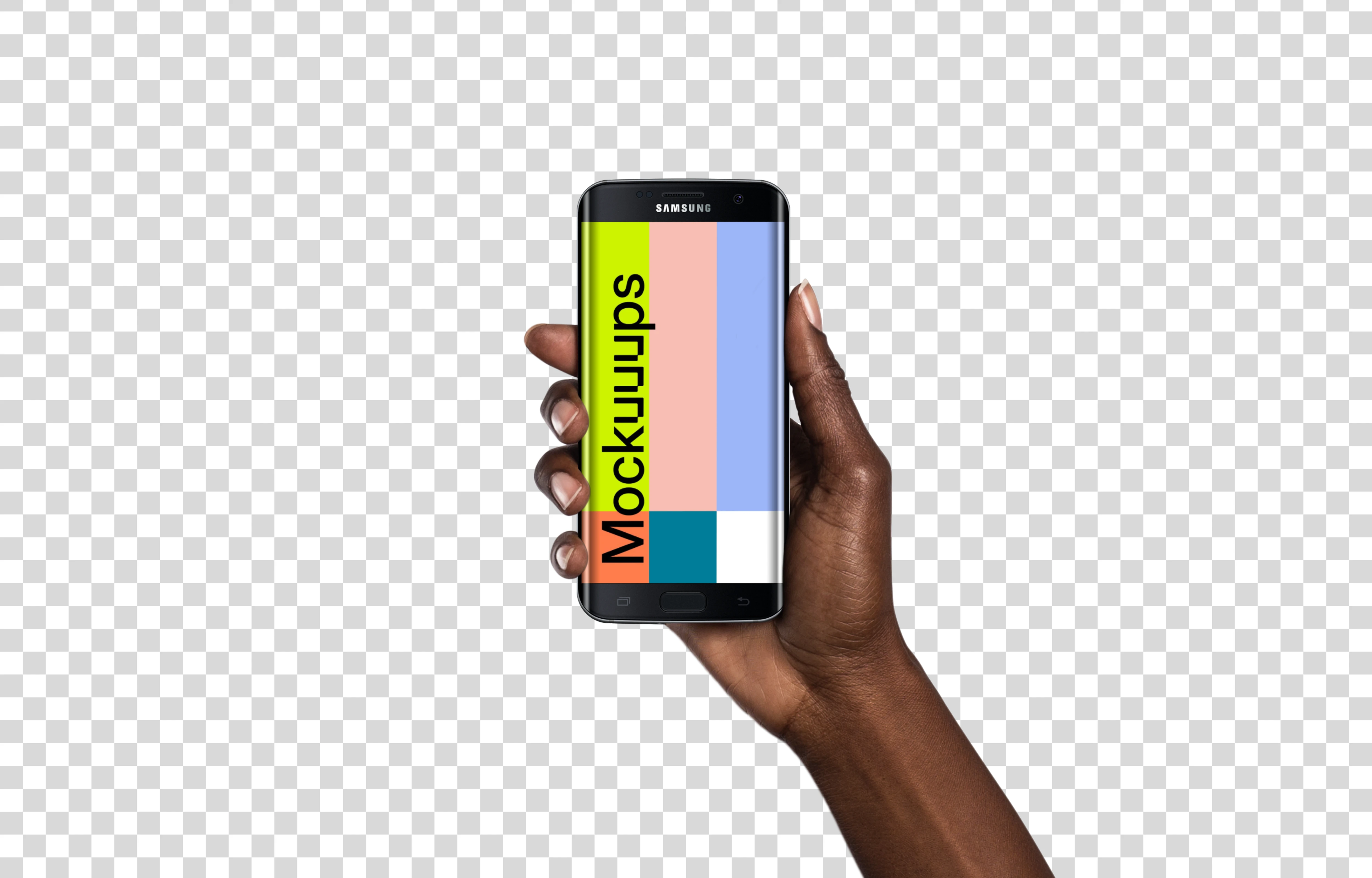 Woman holding Samsung Galaxy S7 Black Mockup (Black skin)