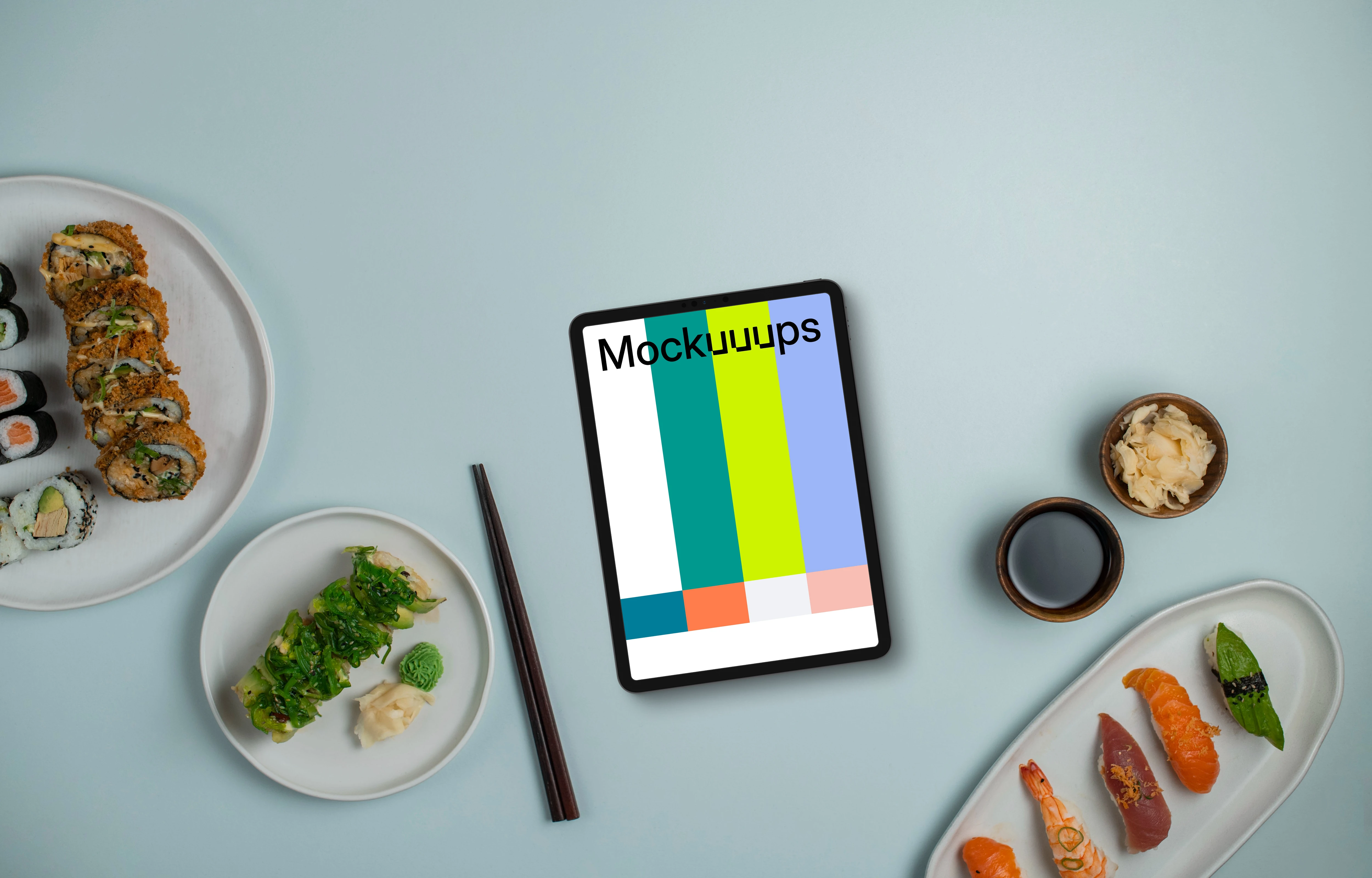 Tablet mockup surrounded by Japan meal Sushi