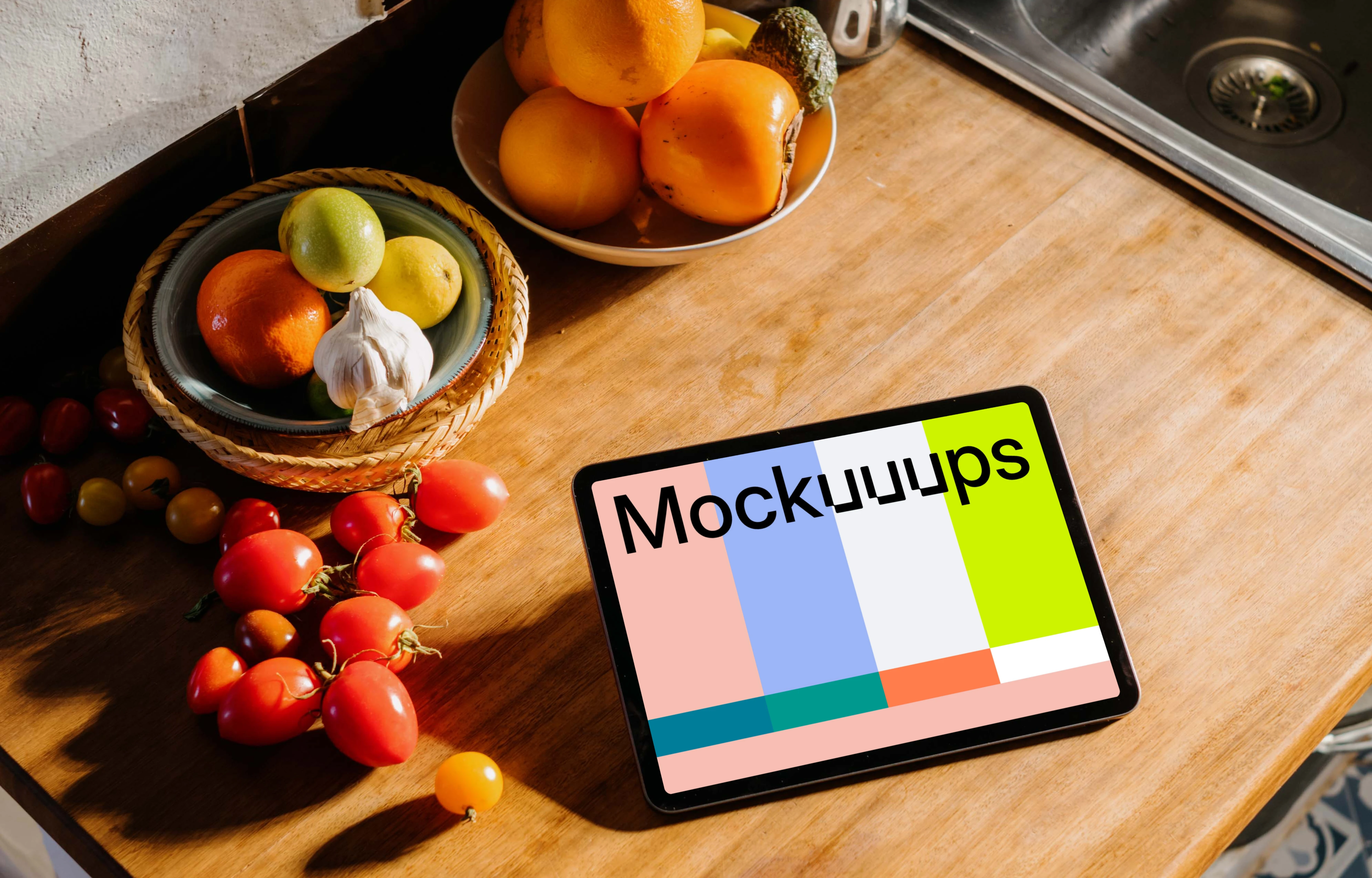 iPad Air mockup on a table beside some tomatoes