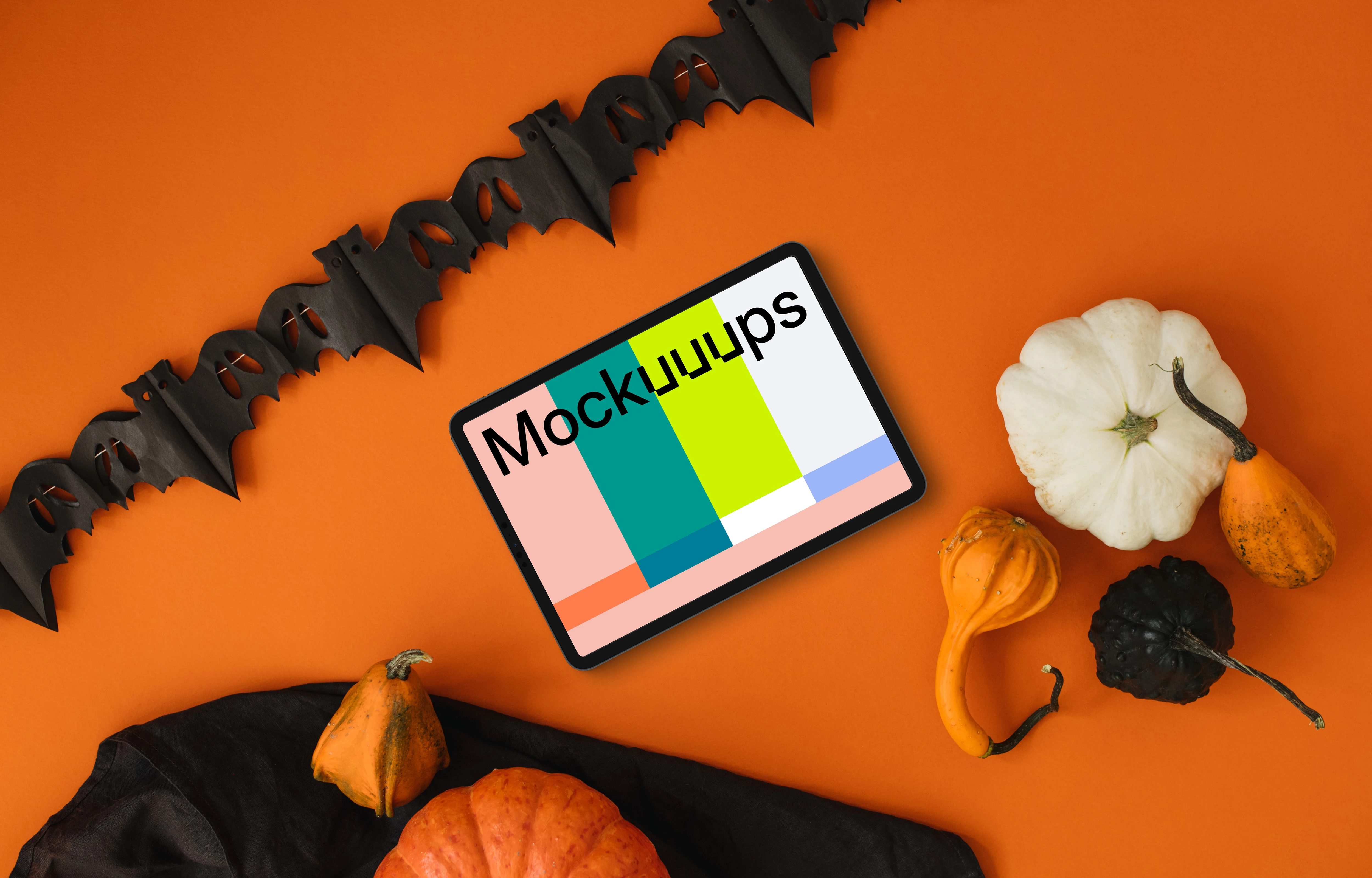 Halloween theme mockup with tablet and bats