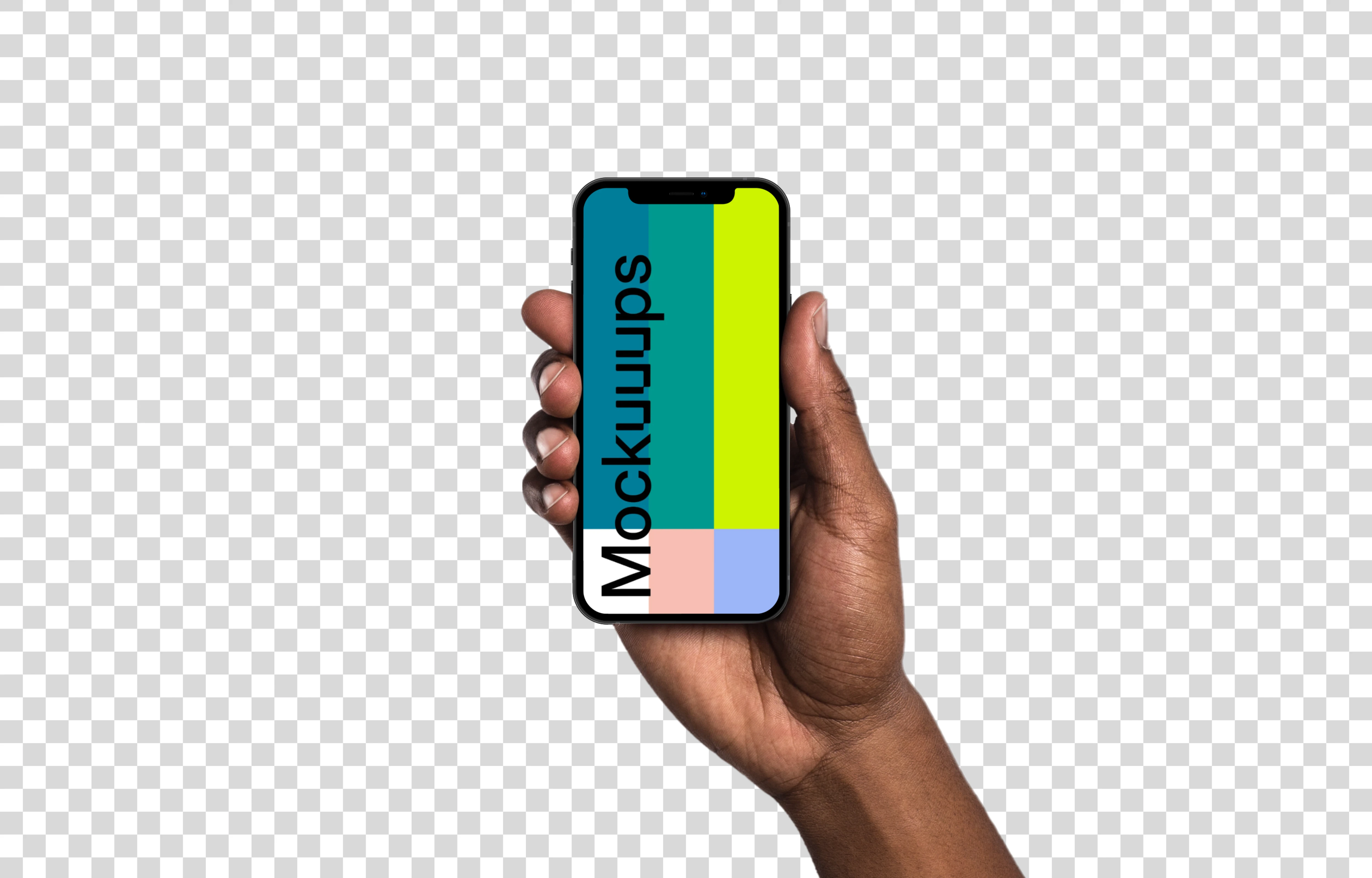 Hand holding iPhone 12 mockup (Black skin)