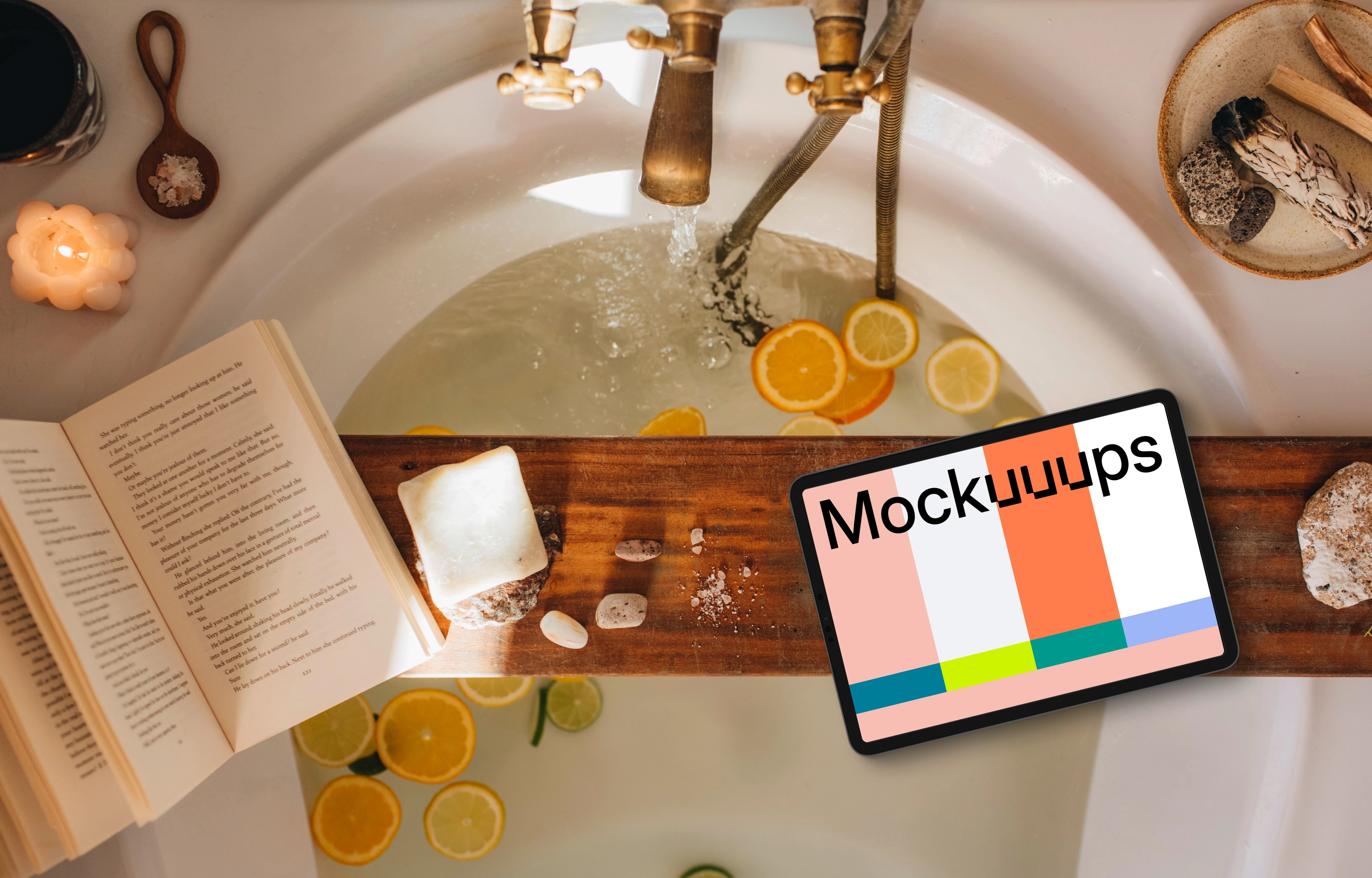 Healing bath ambiance with iPad mockup