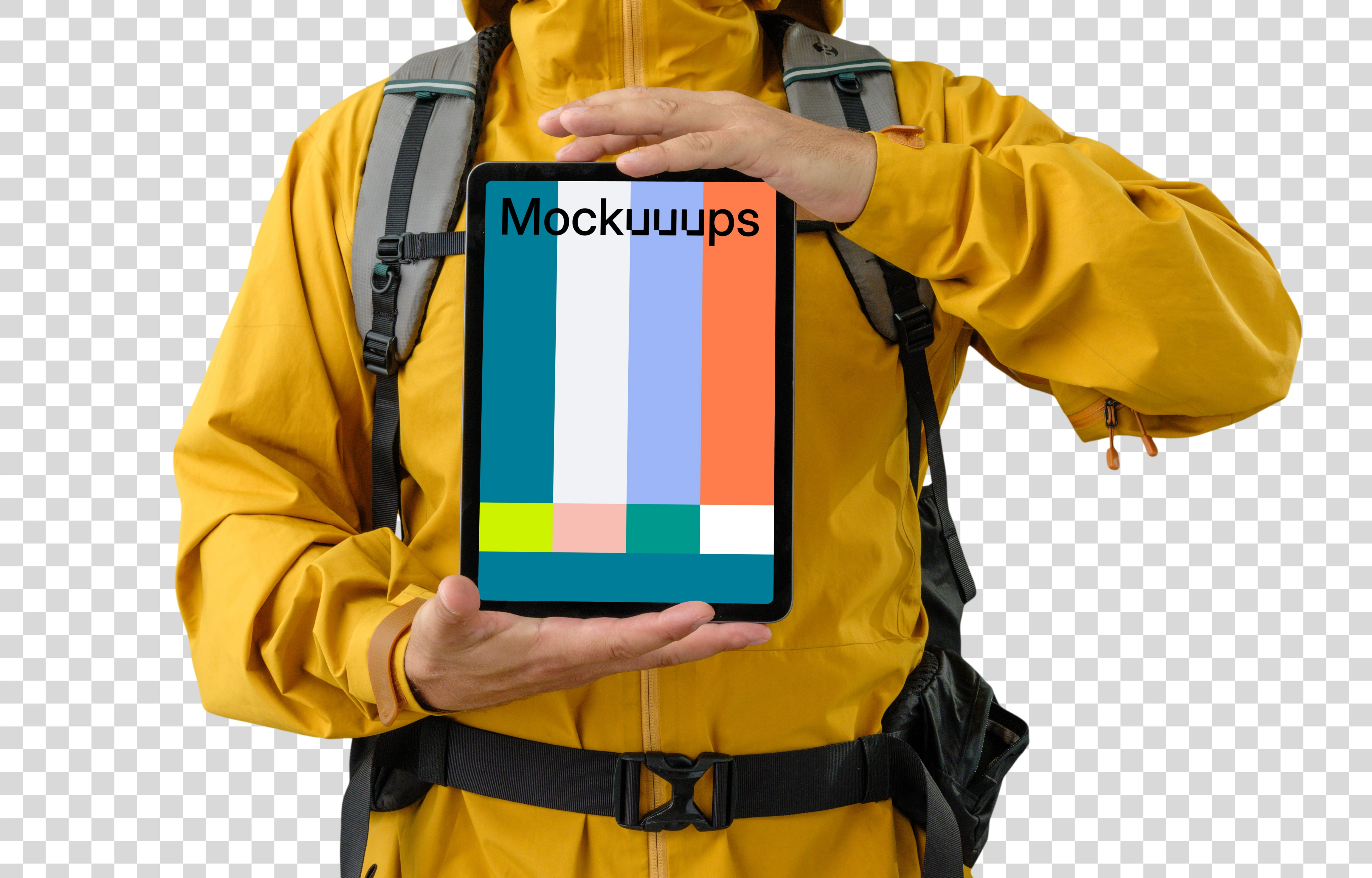 Hiker in yellow jacket with an iPad mockup