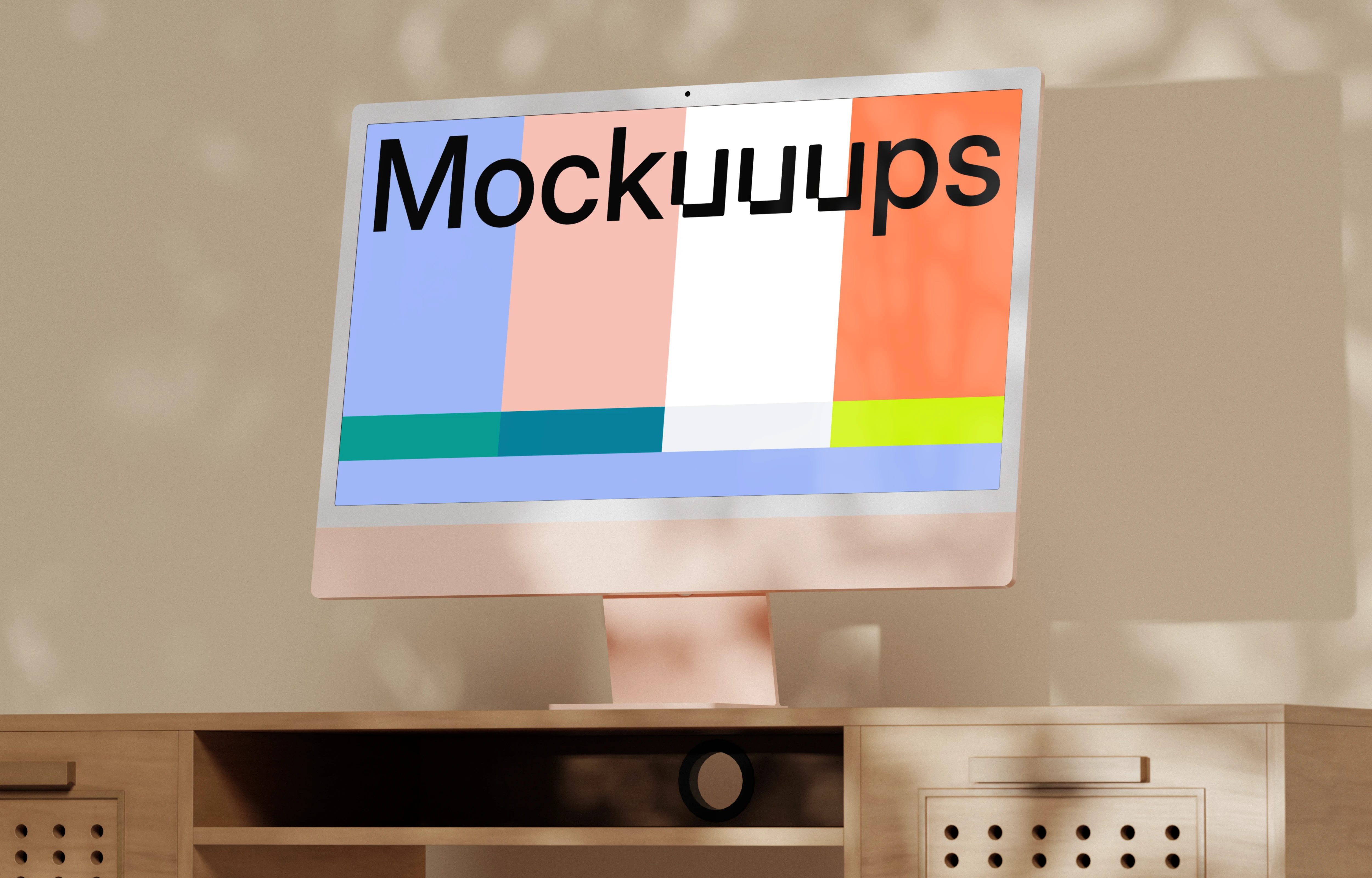 iMac mockup on a light wooden desk with soft shadows