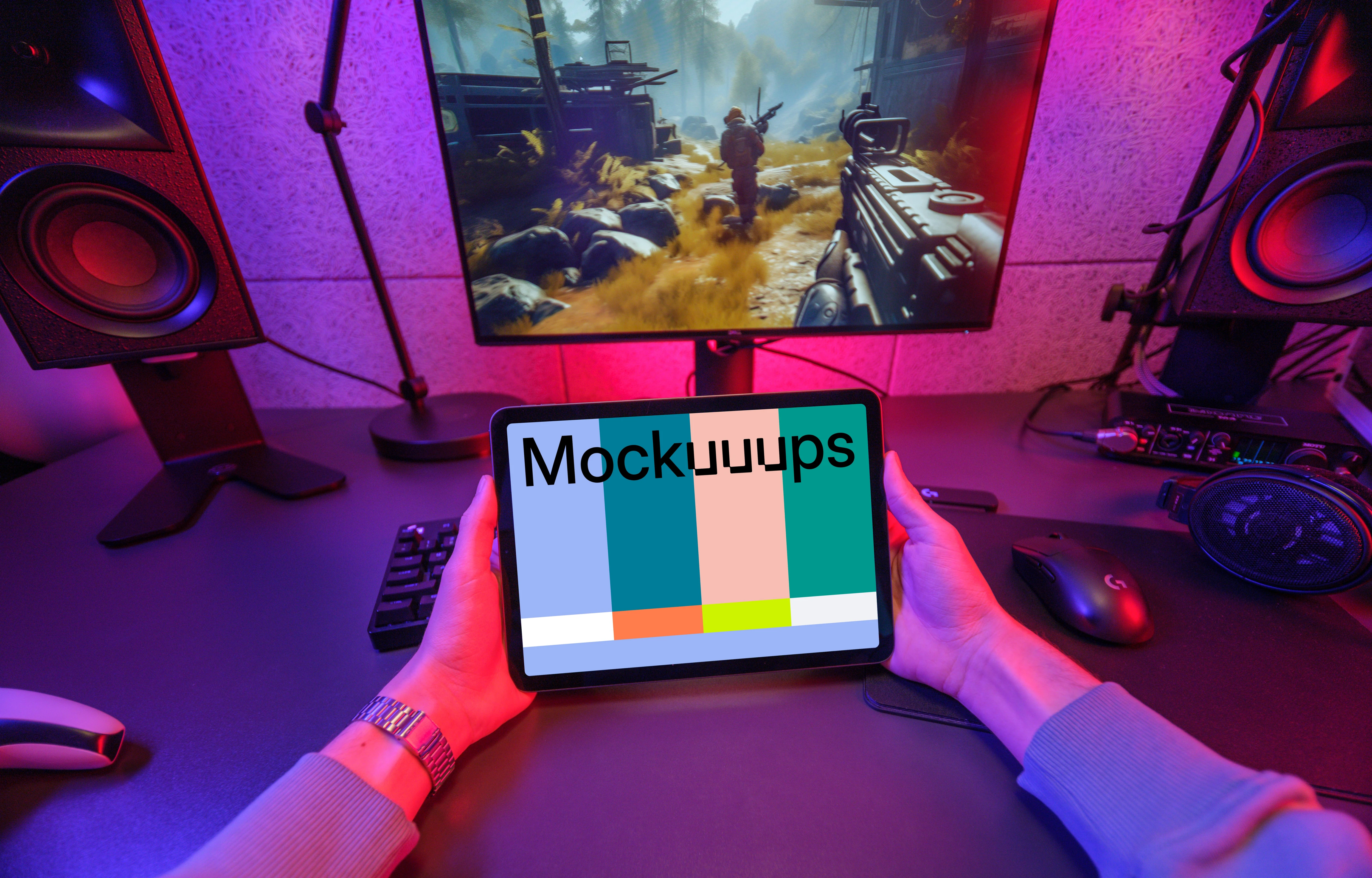 iPad Air mockup in ambient gaming setup