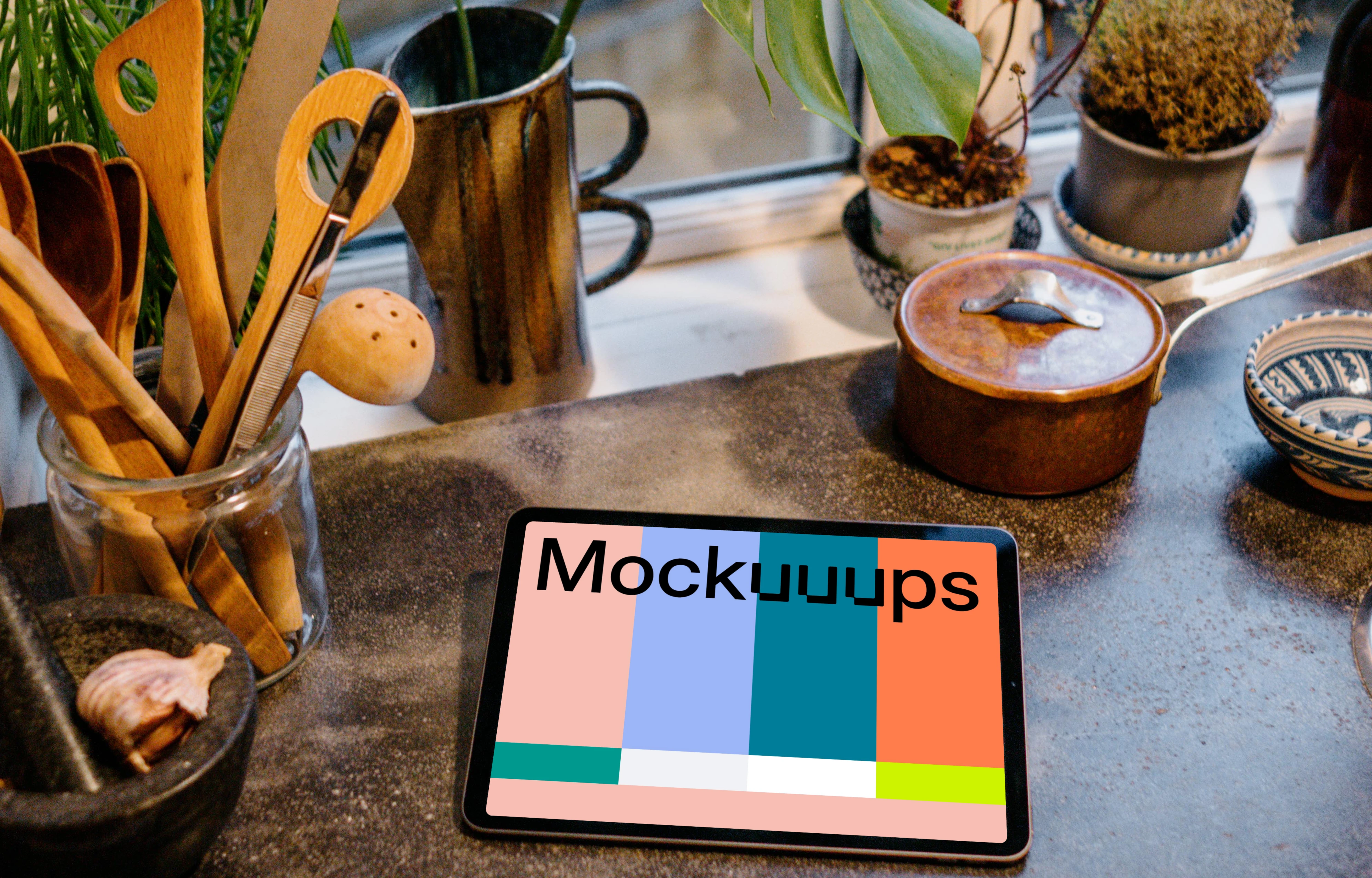 iPad Air mockup in an elevated position on a kitchen table