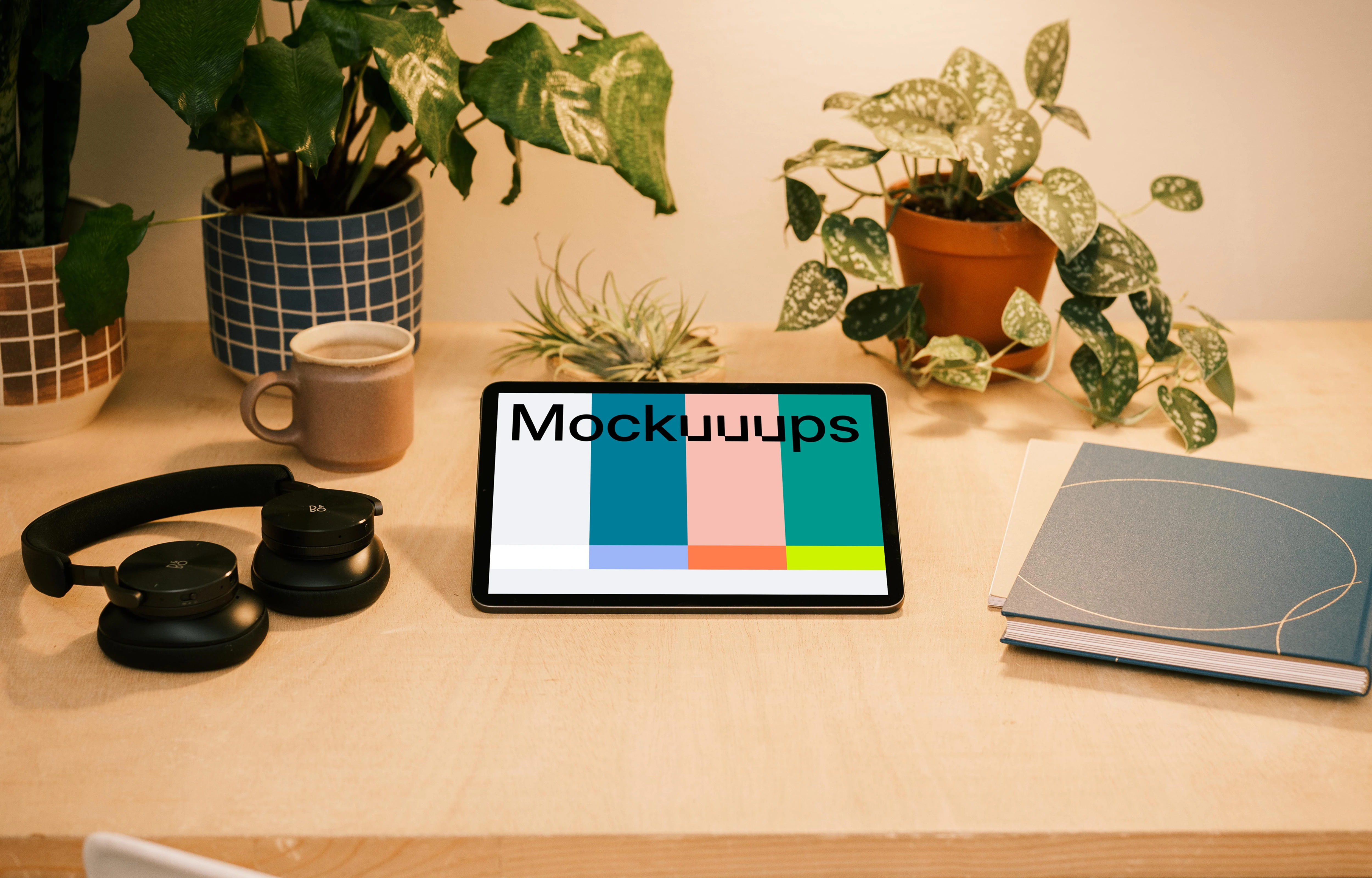 iPad Air mockup in elevated reading position beside multiple potted plants