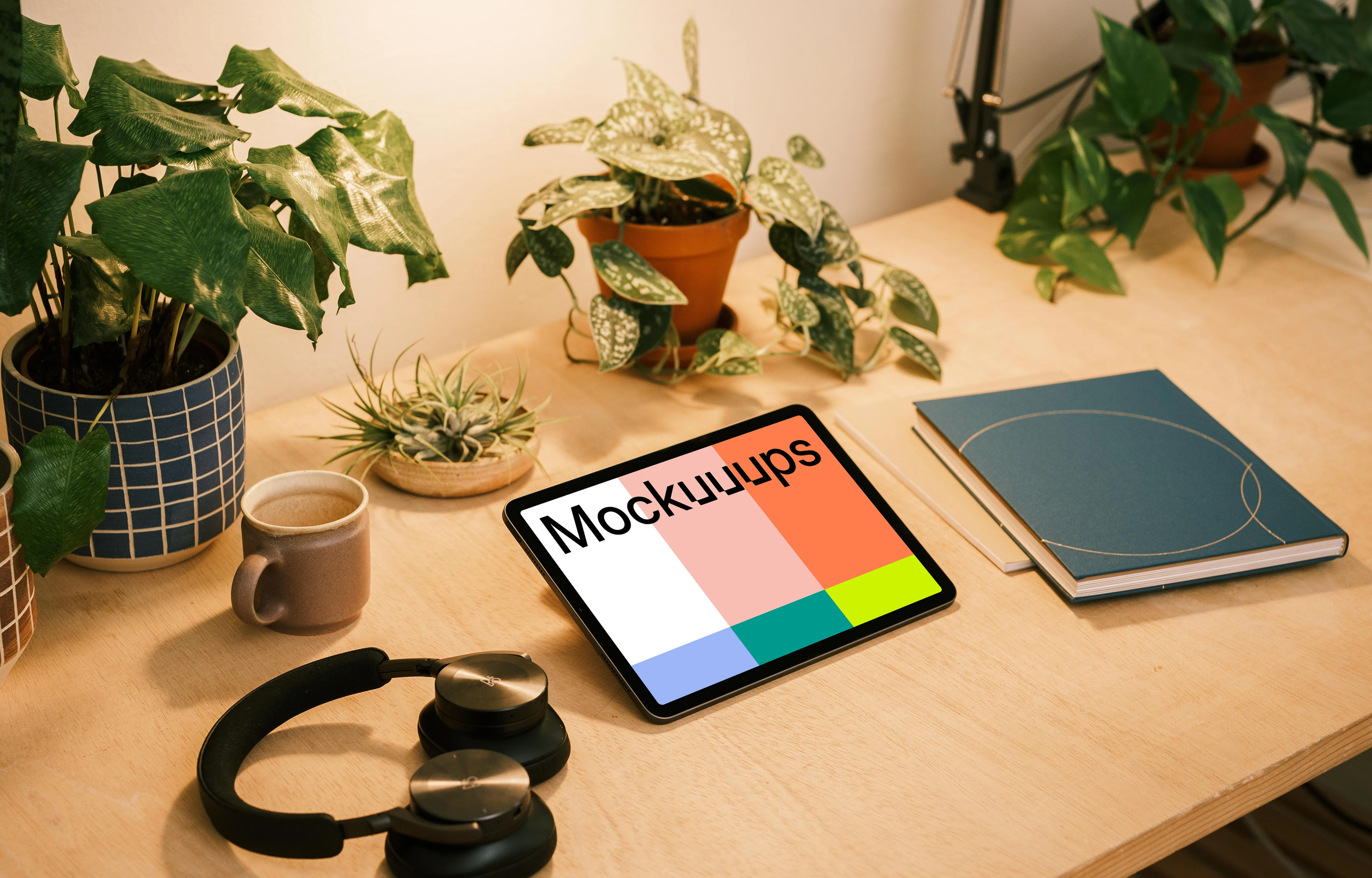 iPad Air mockup on a table beside multiple potted plants