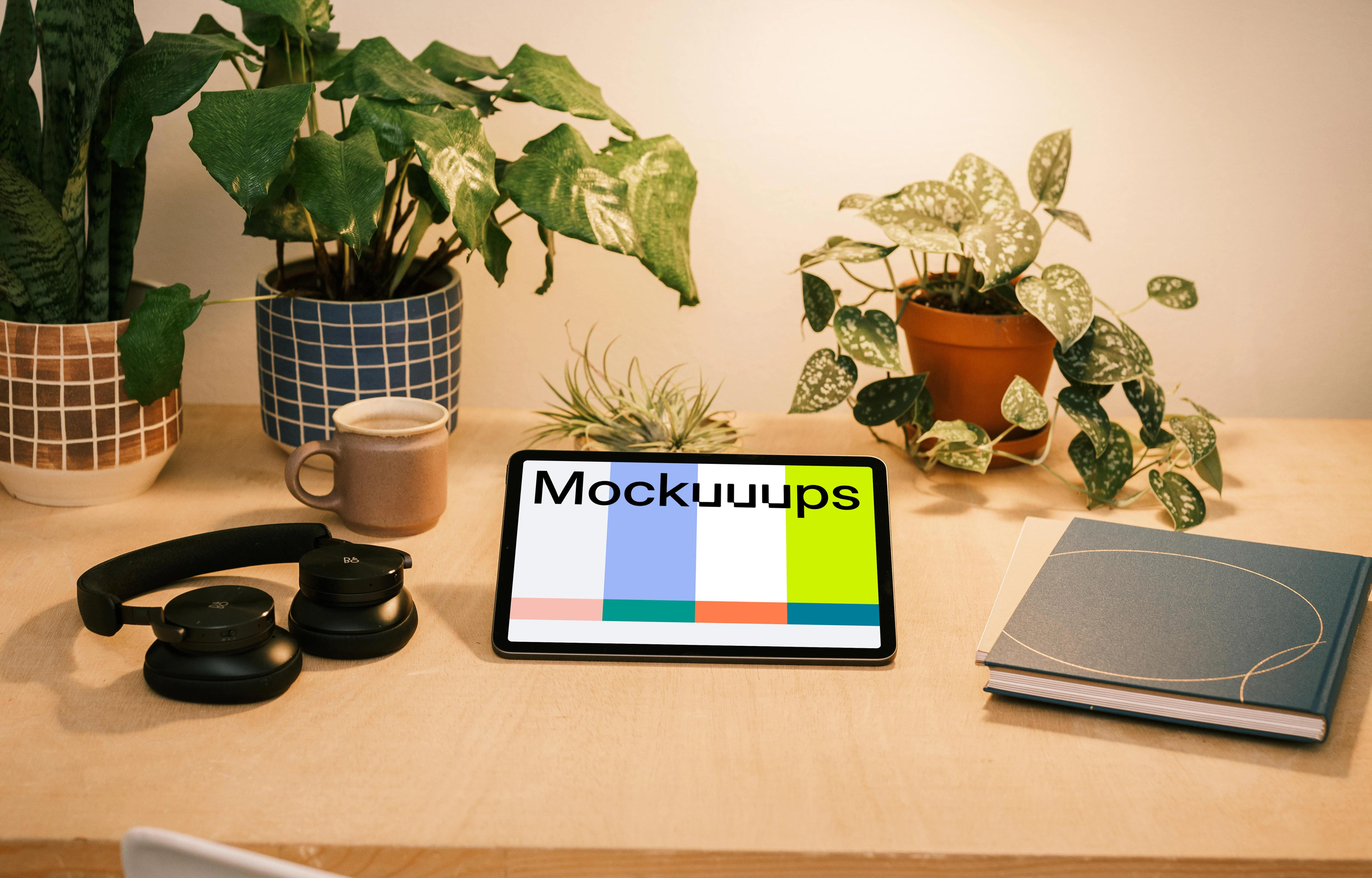 iPad Air mockup on a table with potted plants at the side